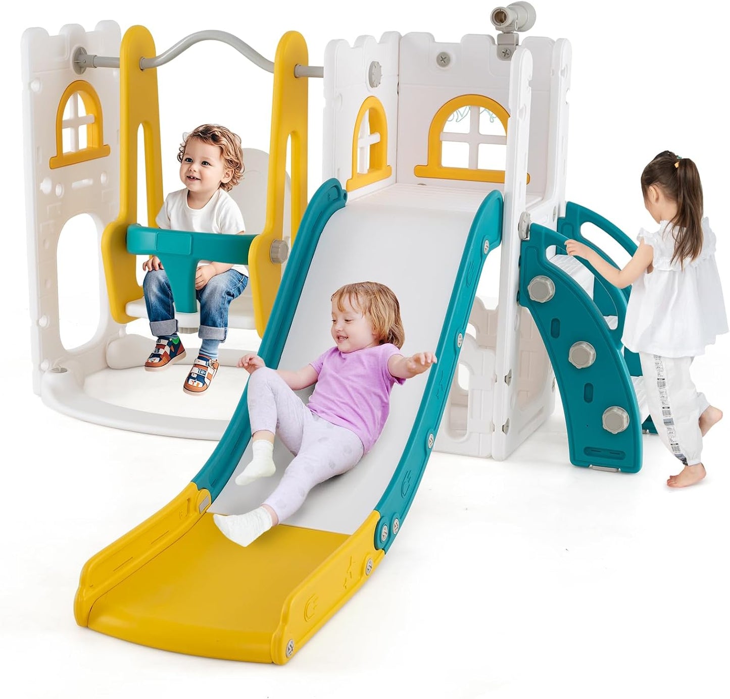 GOPLUS 7 in 1 Kinderrutsche, Kinderrutsche und Kletterspielset mit Leiter, Basketballkorb, Schaukel, Teleskop, Stauraum & rutschfeste Pedale, Indoor Spielplatz für Kinder von 1-3 Jahren (Gelb+Grün)