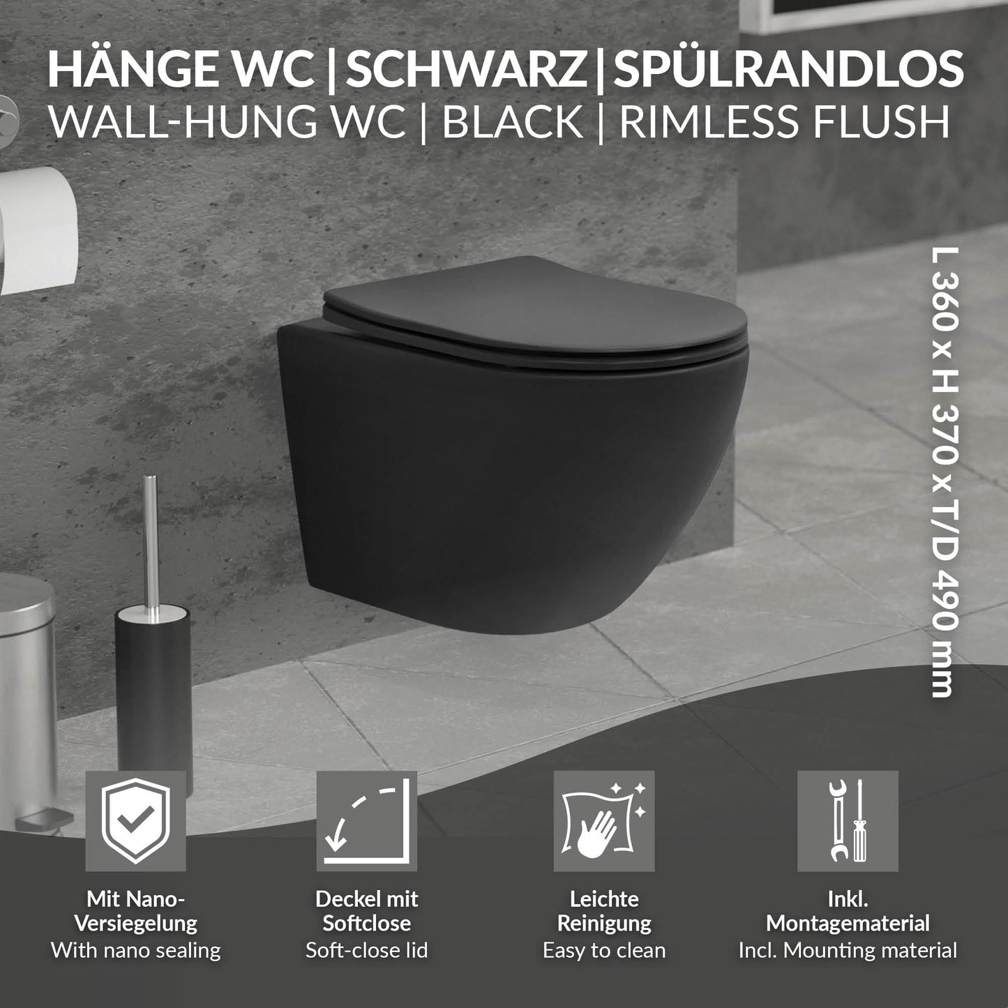 ECD Germany Rimless Wall-Mounted Toilet Ceramic White Matt with Nano Coating, Wall Toilet Long 52 cm, Removable Toilet Seat Made of Duroplast Soft Close Mechanism, Deep Washdown with Lotus Effect