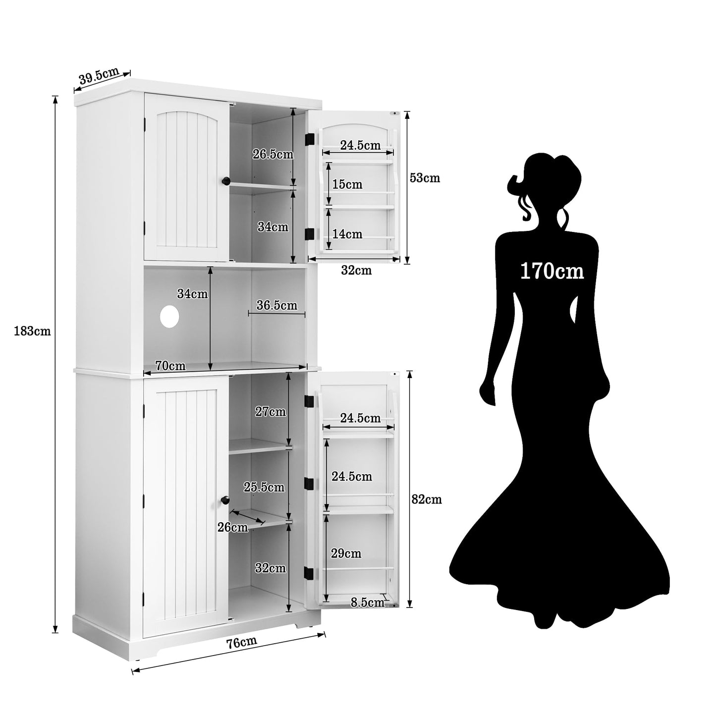 HOLTICO Küchenschrank mit Arbeitsplatte, Hochschrank Küchenbuffet Buffetschrank, Esszimmerschrank, Speisekammer mit Türen und Regalen für Esszimmer, Wohnzimmer, Waschküche,Schwarz