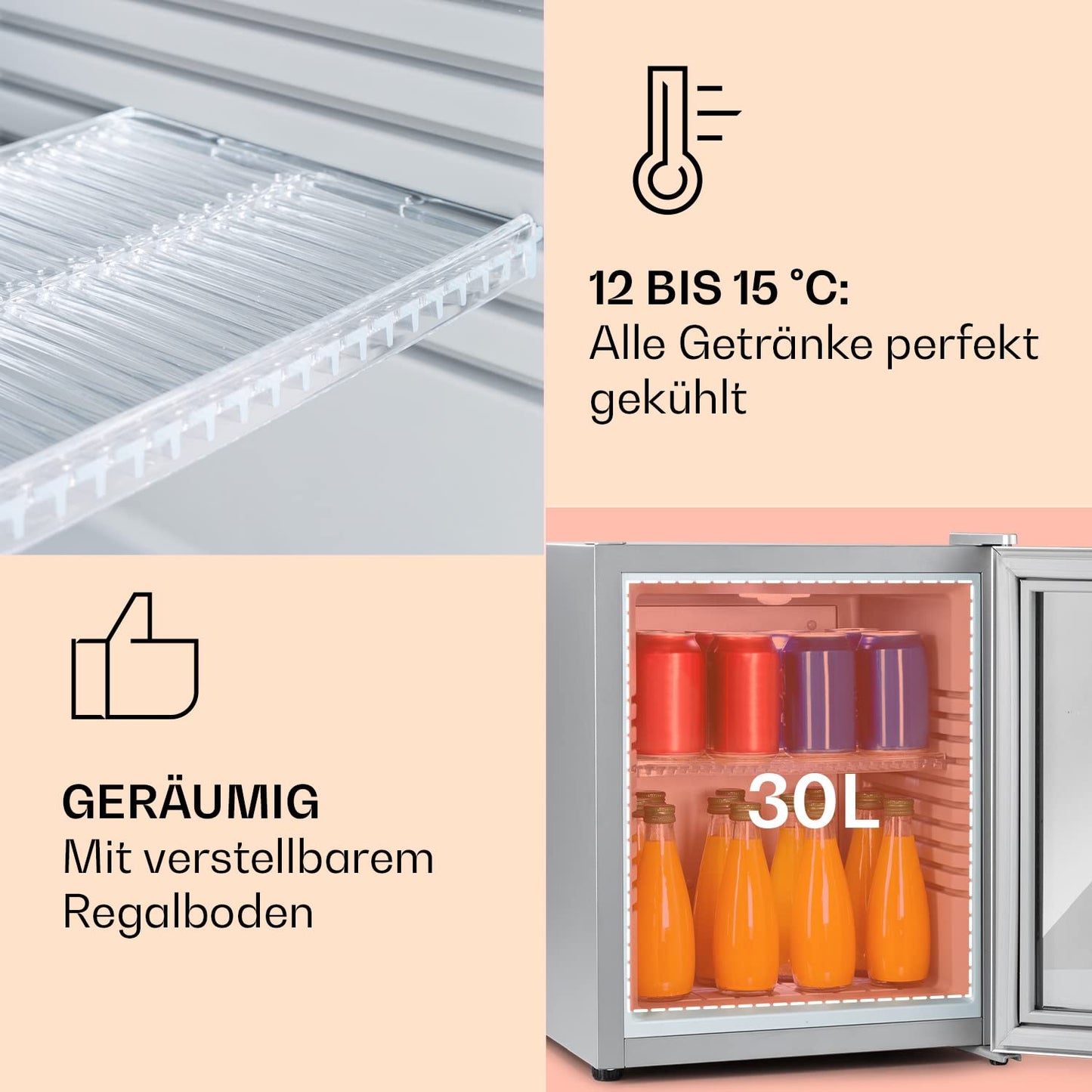 Klarstein Kühlschrank, Mini Kühlschrank mit Glastüre, Mini-Kühlschrank für Getränke, Snacks & Kosmetik, Kühlschrank Klein & Leise, Verstellbare Ablagen, Kleiner Skincare Kühlschrank 12-18°C, 23L