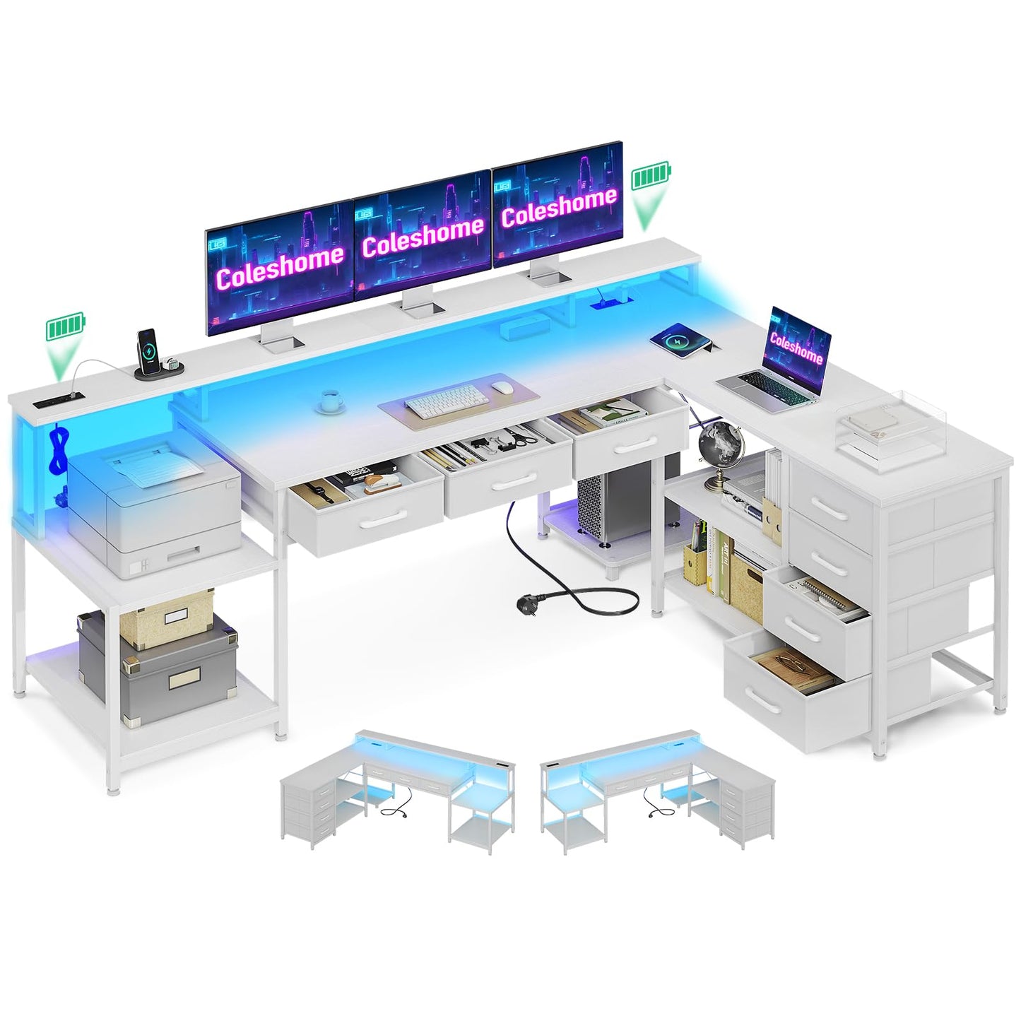 Coleshome Gaming Tisch mit 7 Schubladen & Großzügigem Stauraum, Eckschreibtisch mit RGB LED, Reversibler Schreibtisch L Form mit 2 Steckdosen, Ideal für Büro & Gaming, 179.5×135.5cm, Weiß