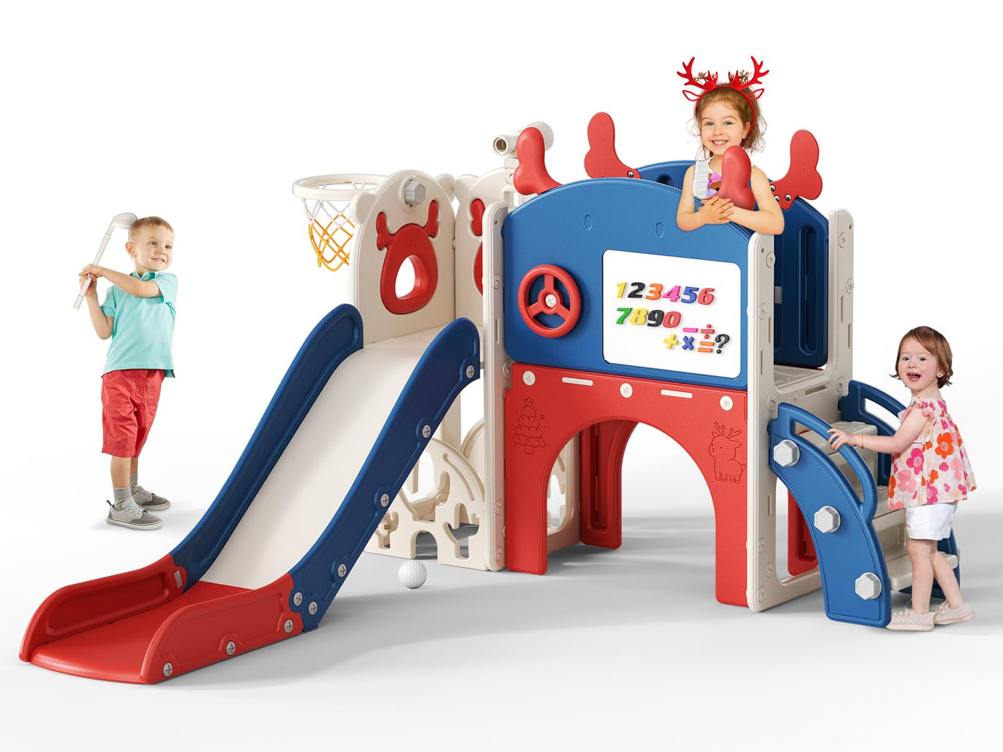 Krovtoy Kleinkindrutsche mit Weihnachtselch-Motiv, freistehende Kleinkindrutsche mit Golf-Set, Babyrutsche, Spielplatzgerät, für den Innen- und Außenbereich (Grau Beige - 6 in 1)