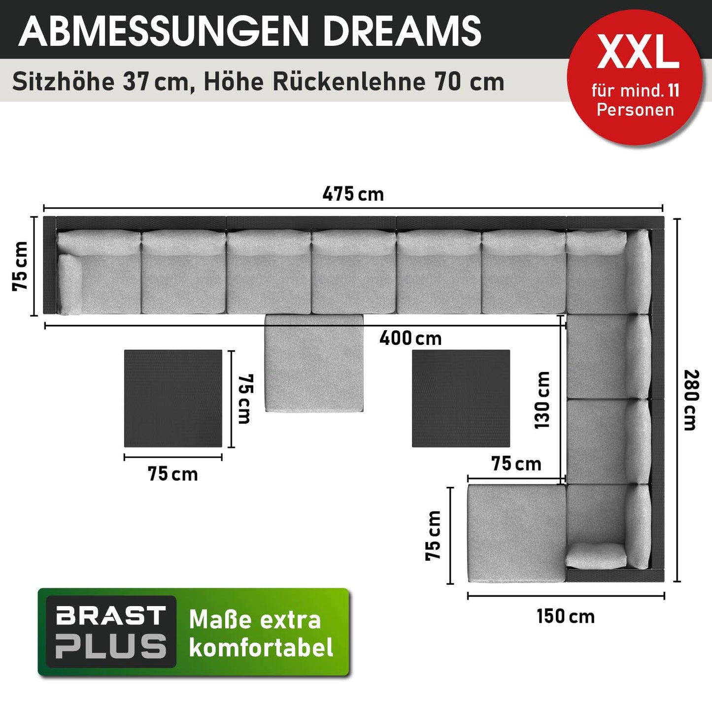 BRAST® Gartenmöbel Lounge Set XXL | 8-12 Personen viele Modelle & Farben | inkl. extra Dicke Kissen | TÜV geprüft | Outdoor Loungemöbel Sitzgruppe Essgruppe Garnitur | Dreams Grau
