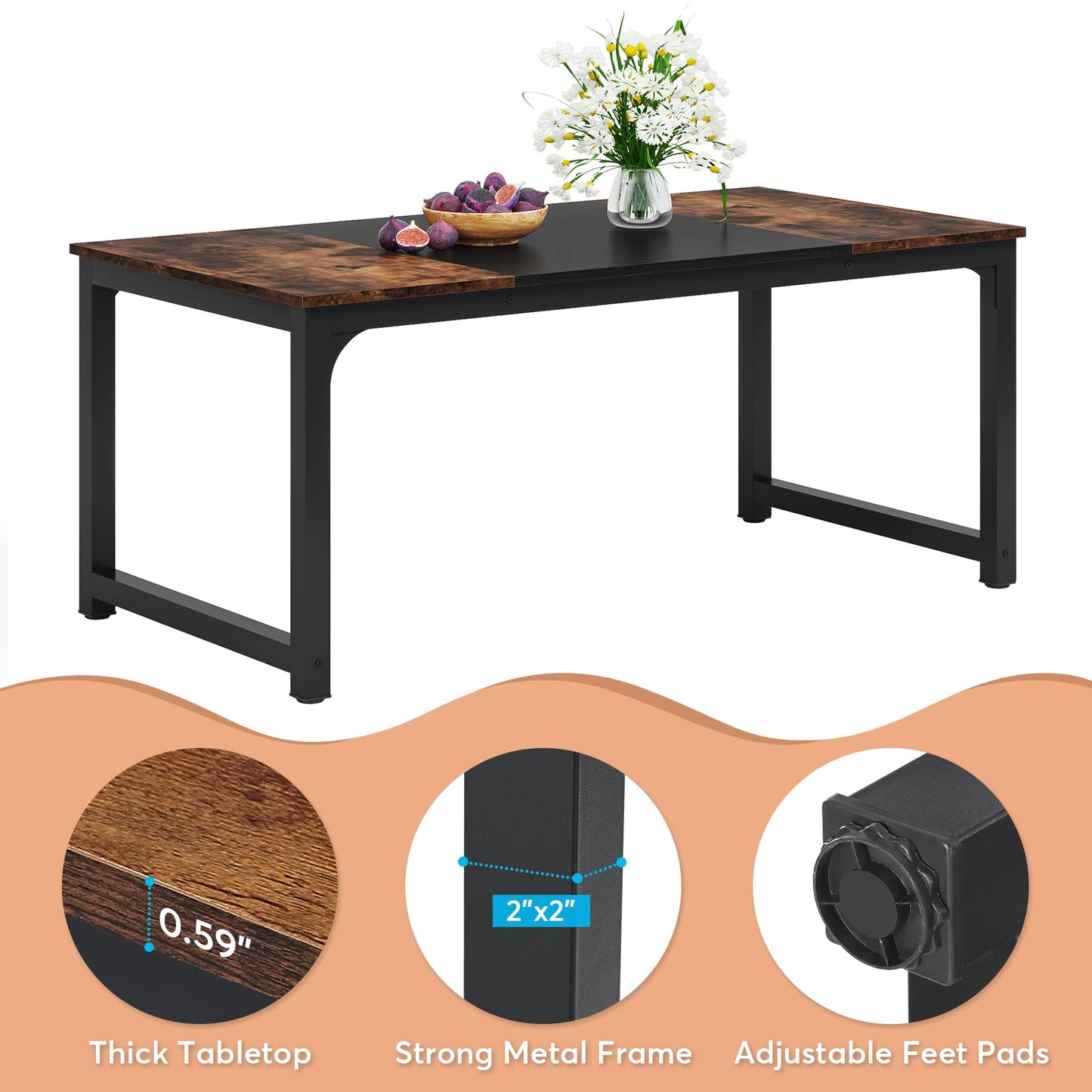 Tribesigns 160 x 80 cm Esstisch, industrieller Küchentisch für 4-6 Personen, rechteckiger Esstisch für Esszimmer, Küche, Wohnzimmer, mit robusten Metallbeinen (Rustikales Braun)