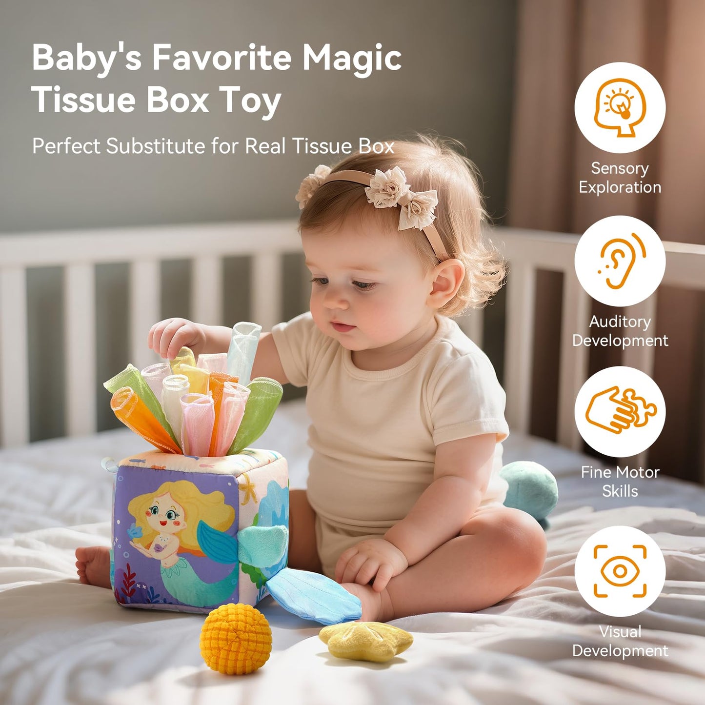 WOODEN TEETHER Tissue Box Montessori Motorikspielzeug, 6-12 Monate Sensorik Baby Spielzeug mit Spiegel, Farben, Texturen, Kinder Frühes Lernspielzeug für Jungen Mädchen Geschenke