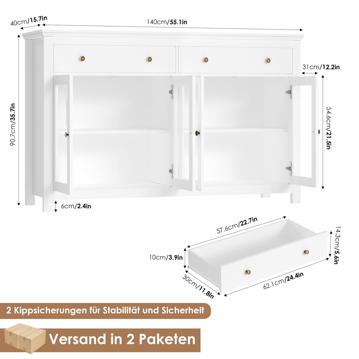 FirFurd Sideboard 140 cm Wide Kitchen Cabinet with Worktop Sideboard for Kitchen Living Room Buffet Cabinet with 2 Drawers and 4 Glass Doors Kitchen Buffet with Adjustable Shelf 140 x 90.7 x 40 cm