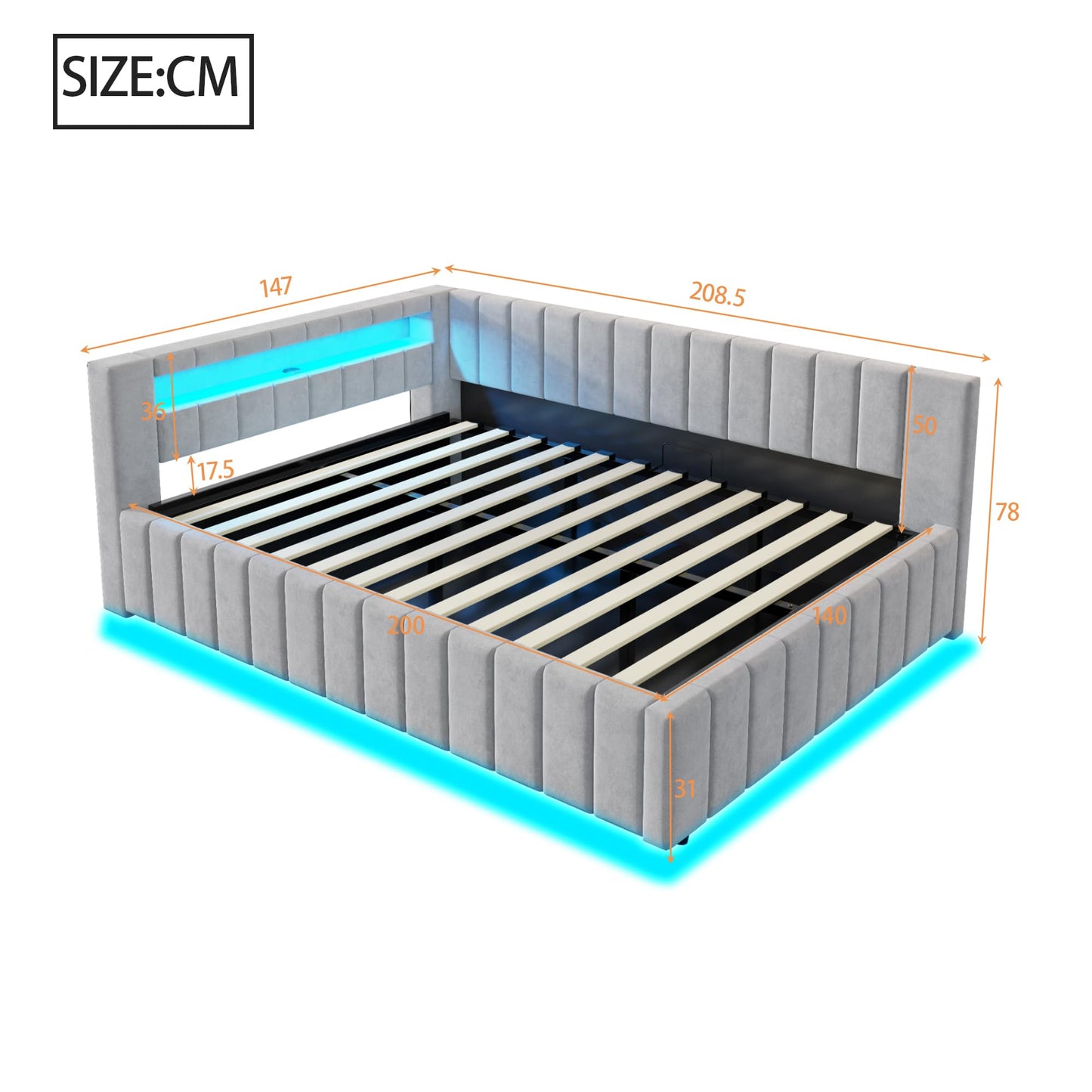 KEYIDE Upholstered Sofa Bed, 140 x 200 cm with LED Lighting and USB Charging, Bed Frame with Wooden Slatted Frame, Day Bed, Guest Bed, Youth Bed, Velvet Fabric, Without Mattress (Grey, 140 x 200)
