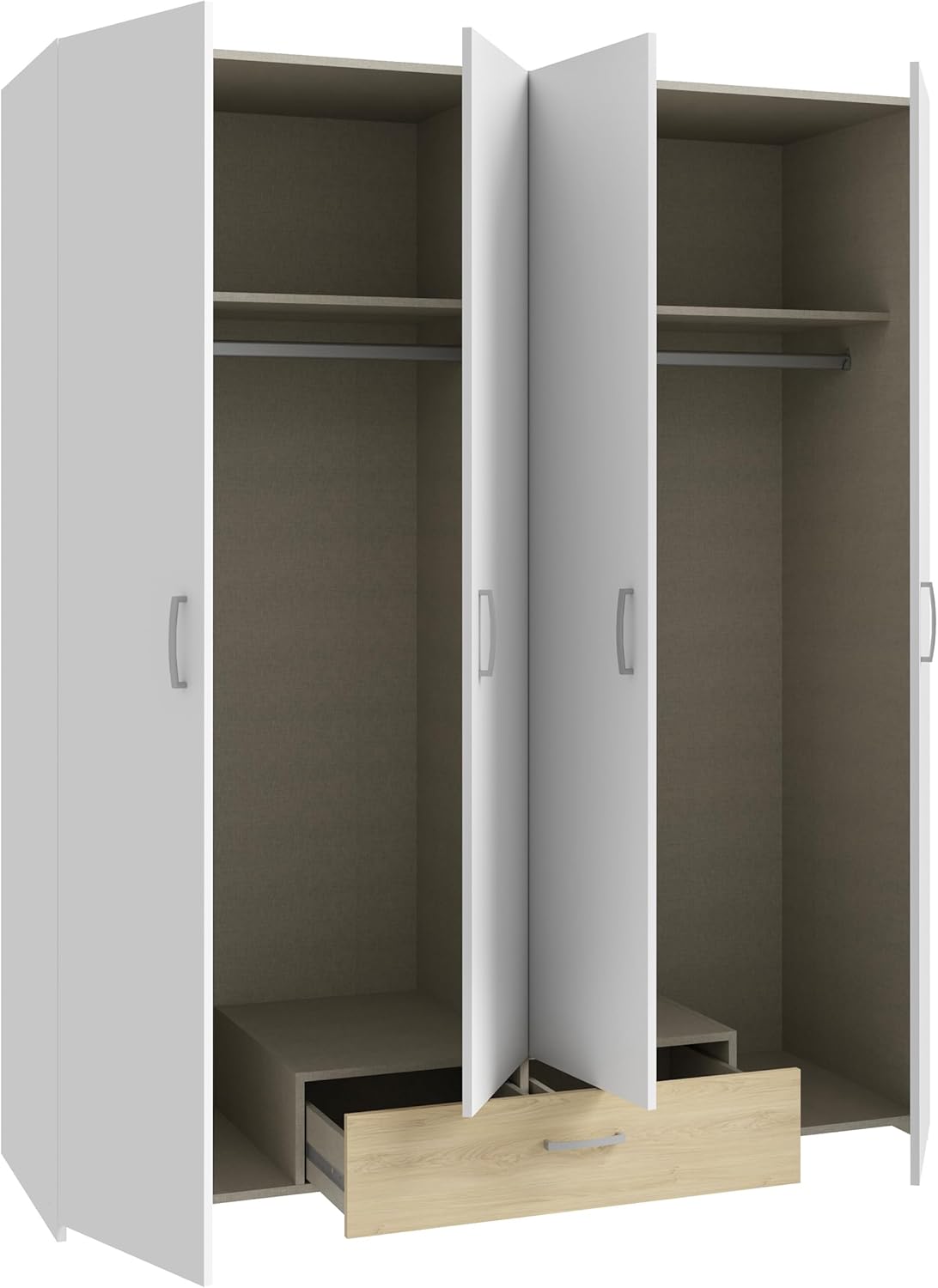 FORTE ECONOBOX Kleiderschrank 160, 4-türiger Schrank mit viel Stauraum, Holzwerkstoff, Weiß/Puccini Eiche, 159,1 cm breit, 190,5 cm hoch, 54,4 cm tief