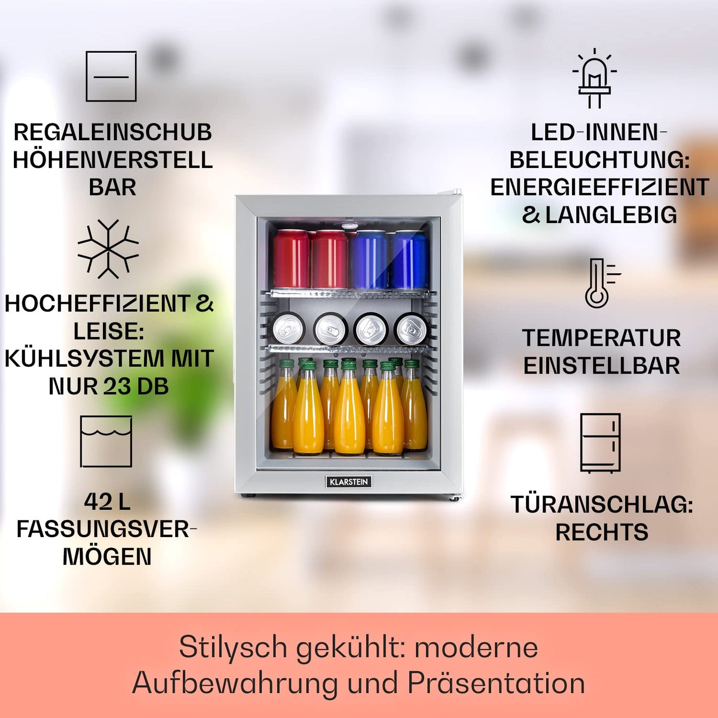 Klarstein Kühlschrank, Mini Kühlschrank mit Glastüre, Mini-Kühlschrank für Getränke, Snacks & Kosmetik, Kühlschrank Klein & Leise, Verstellbare Ablagen, Kleiner Skincare Kühlschrank 12-18°C, 23L