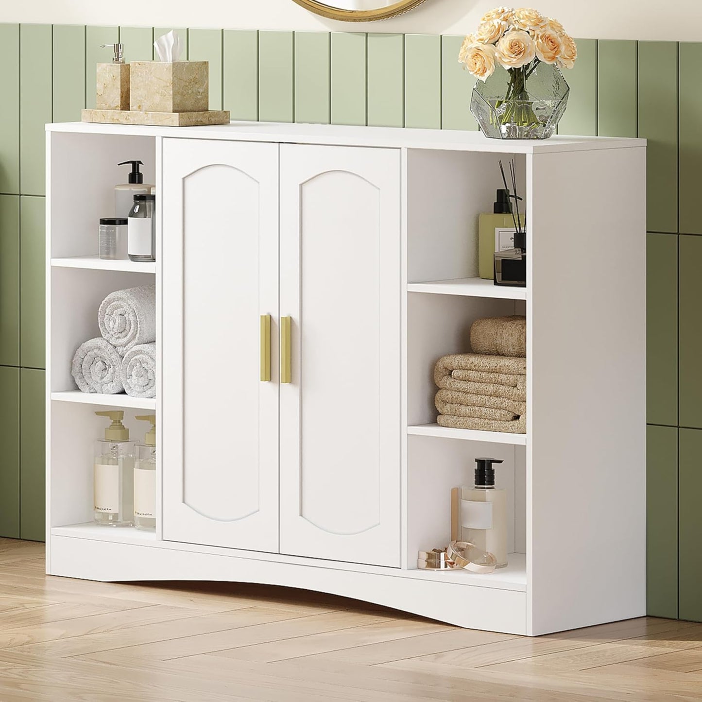 HEXCELEN Bathroom Cabinet, Storage Cabinet with 2 Doors, Side Cabinet, Kitchen Cabinet with Open Compartment, Adjustable Shelf, Bathroom Cabinet, for Bathroom, Living Room, Kitchen, White, 30 × 100 ×