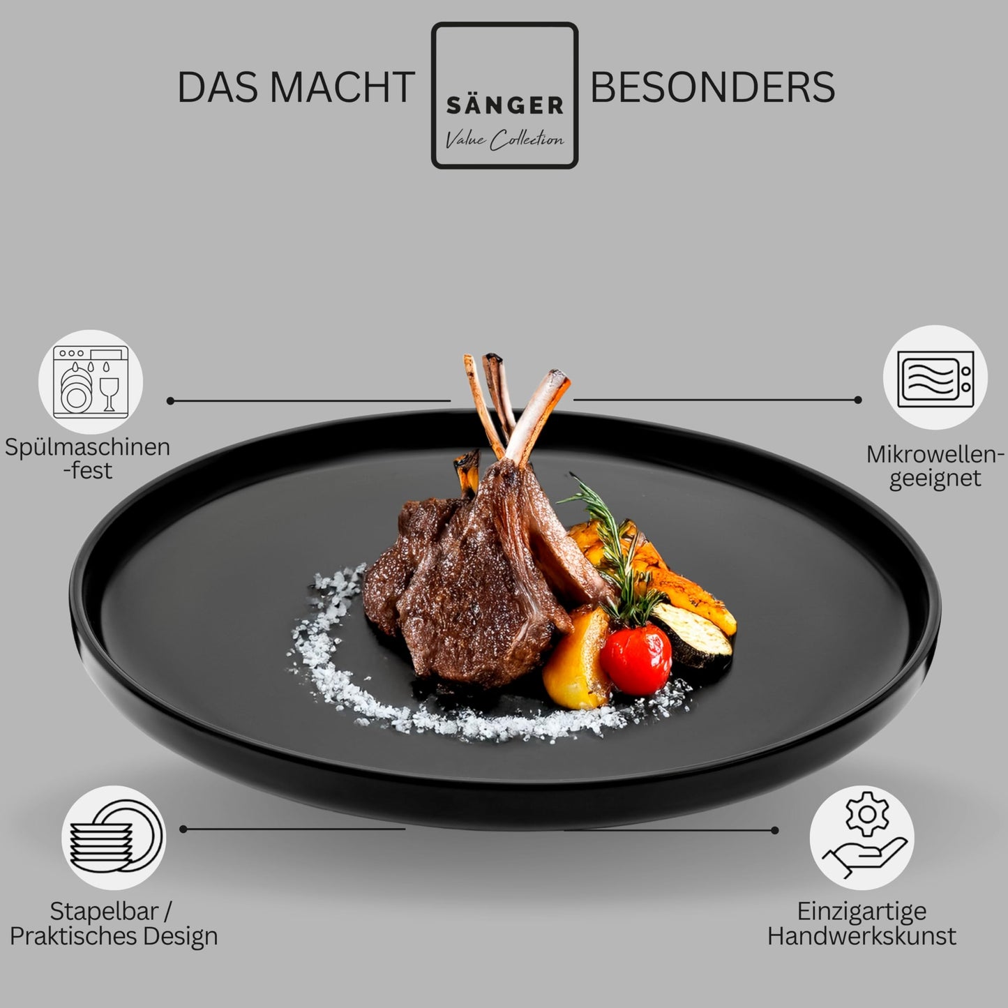 SÄNGER Madeira | Steingut Geschirr Set 18 tlg, Teller Set 6 Personen, Geschirrset 6x Speiseteller 6x Müslischalen 6x Dessertteller, Tafelservice schwarz kratzfest, Essgeschirr matt | VALUE COLLECTION
