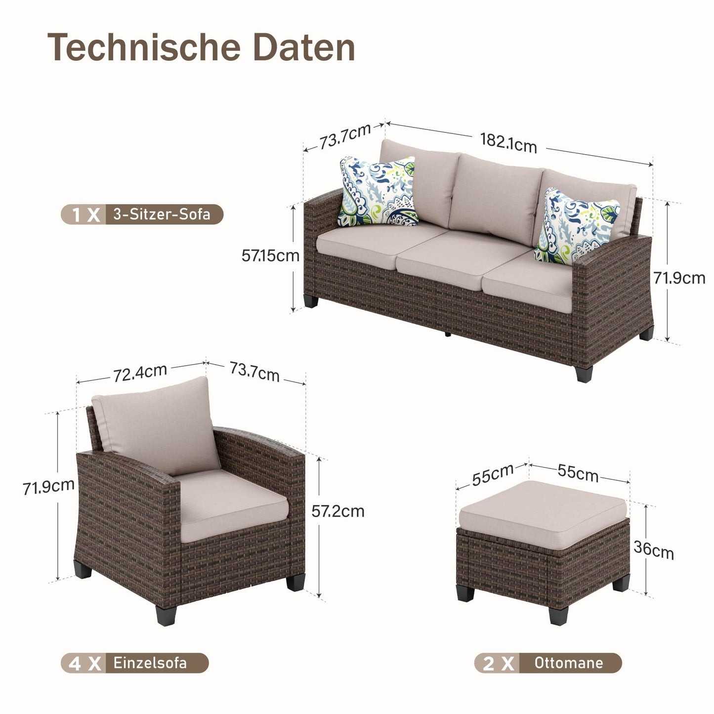 PHI VILLA Garden Furniture Set, Balcony Furniture, 5 Pieces, Rattan Lounge Furniture, Outdoor Garden Lounge Set, 7-Seater, Patio Furniture, Modular Furniture with Reinforced Cushions, Beige
