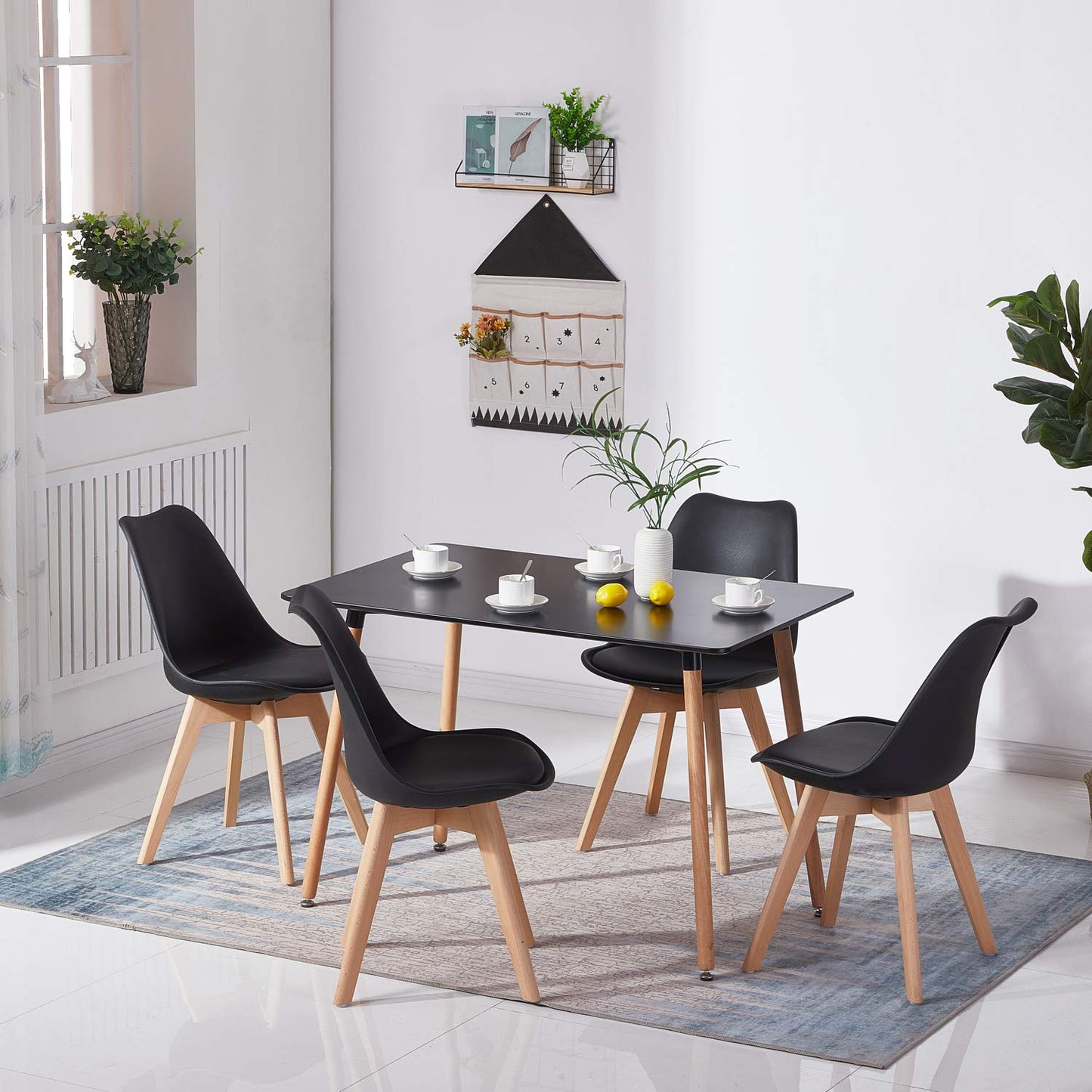 H.J WeDoo Esszimmergruppe mit 4 Essstühlen, Rechteckig Esstisch und Stühle für Esszimmer, Küche, Wohnzimmer, Weißer Esstisch und Graue Stühle
