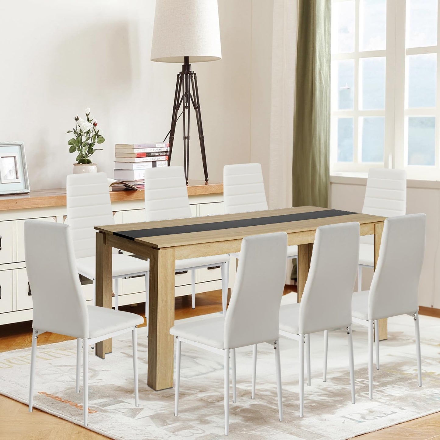 FURNITABLE Esstisch mit 6 Stühlen Esszimmergruppe, Essgruppe mit Hochlehner Kunstleder Stuhl für 6 Personen, Sitzgruppe für Küche Wohnzimmer(160cm Eiche-Weiß Tischbein Tisch+6 Schwarz Stühle)