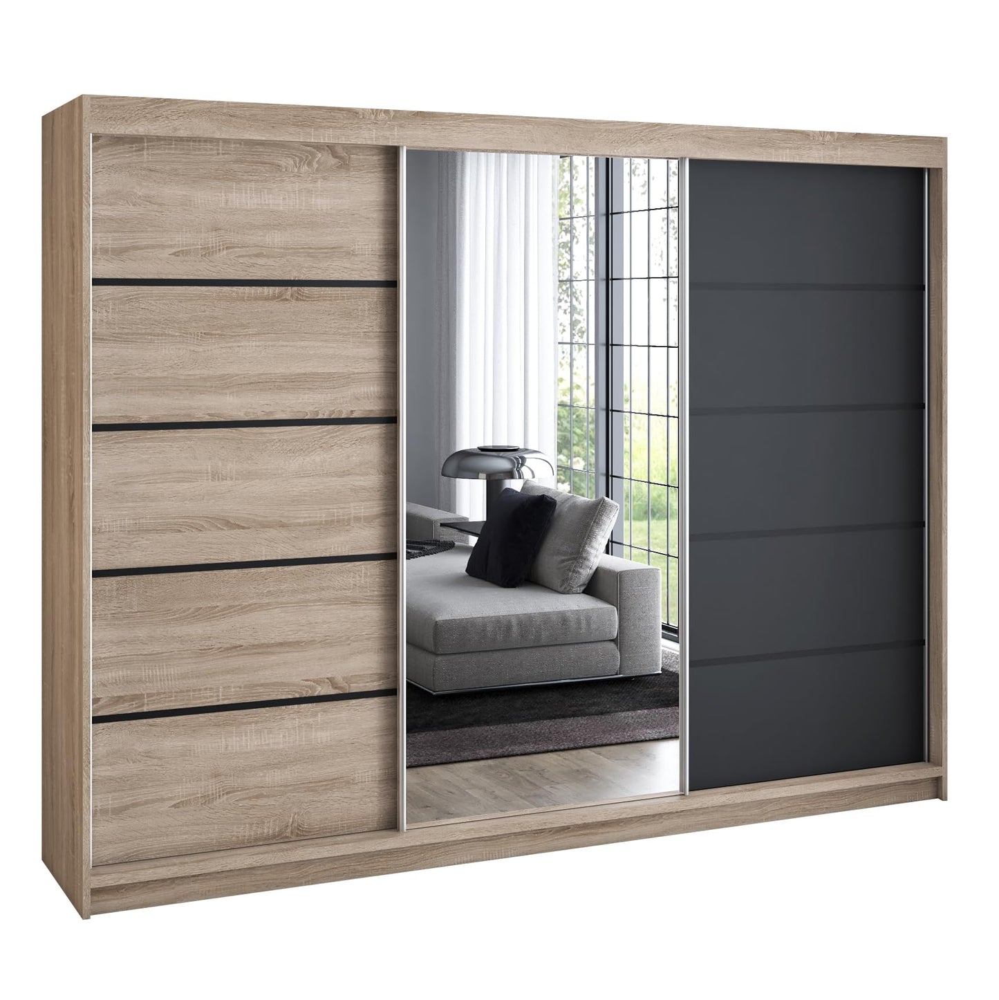 A&J MöbelLand Schwebetürenschrank VILANO 2, 3-türig Schrank 200 cm Kleiderschrank mit 4 Schubladen, und Spiegel (Weiß, Schwarz, Somona) (Schwarz/schwarz/schwarz)
