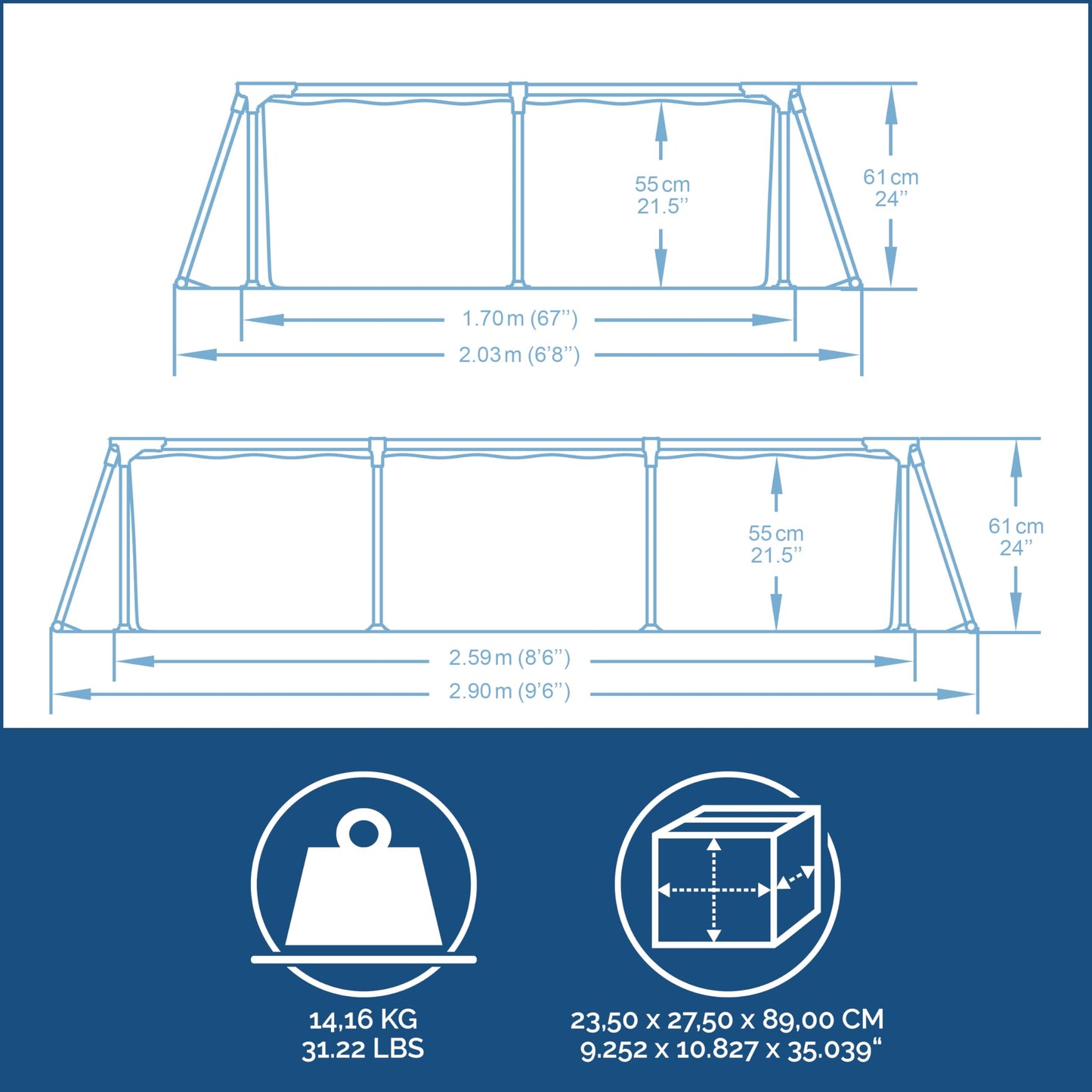 Bestway Steel Pro Frame Pool ohne Pumpe 259 x 170 x 61 cm, dunkelblau, eckig