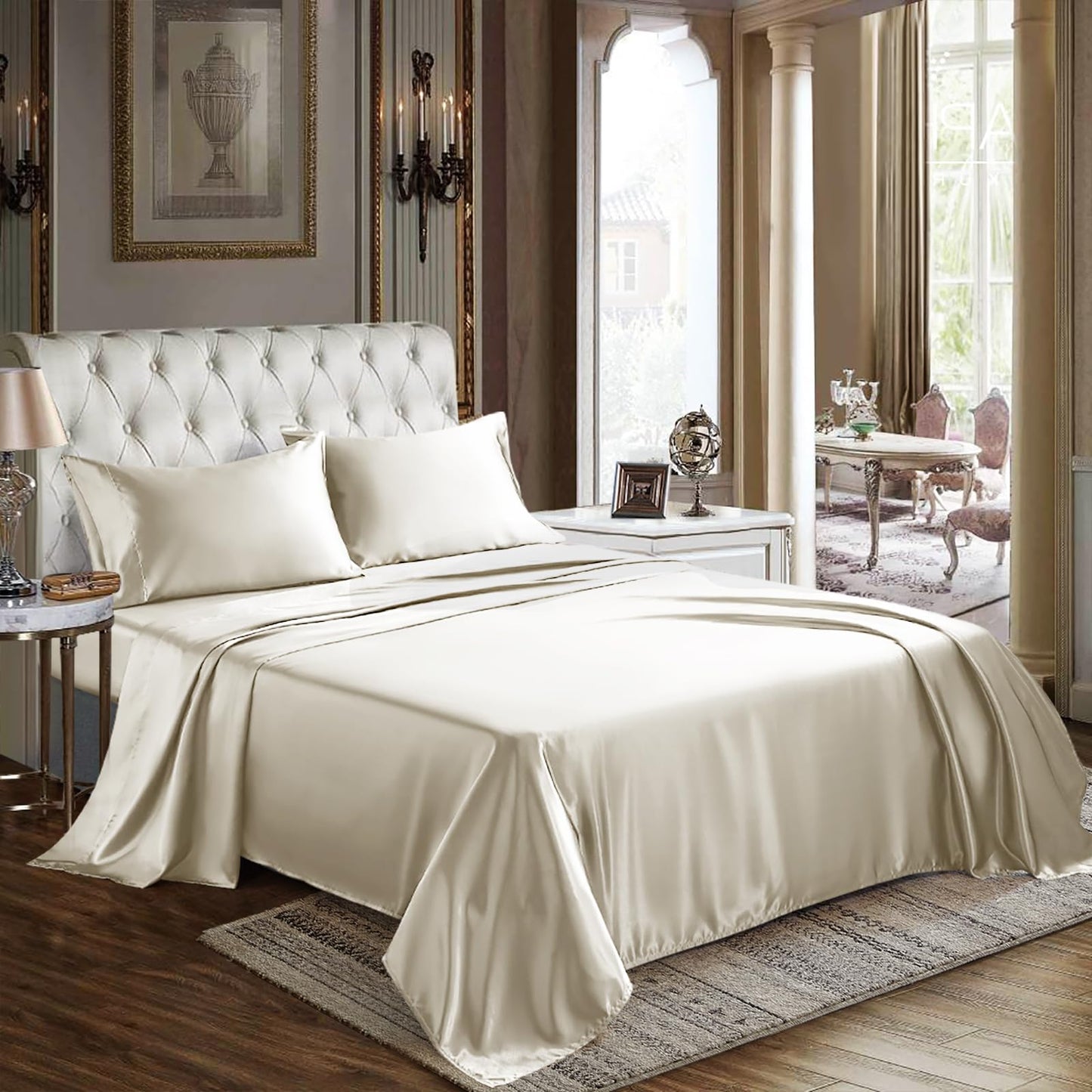 CozyLux Satin Sheets Queen Size - 4 Piece Black Bed Sheet Set with Silky Microfiber, 1 Deep Pocket Fitted Sheet, 1 Flat Sheet, and 2 Pillowcases - Smooth and Soft