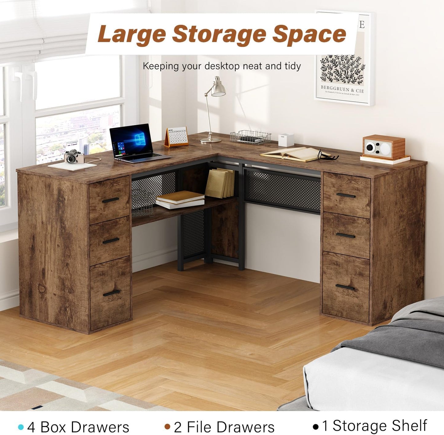 HSH - Black L Shape Corner Desk with Filing Drawers and Shelves, Reversible Corner Desk Made of Metal and Wood with Storage Cabinets