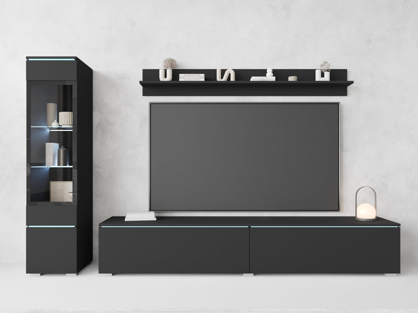 MINIO go for it Veve 2, 4-Piece Wall Unit Set, Hanging or Standing, 2 x Tall Cabinet Display Cabinets, Lowboard, Wall Board, Laminated Clamping Plate, Wotan Oak and Black Gloss, without Lighting