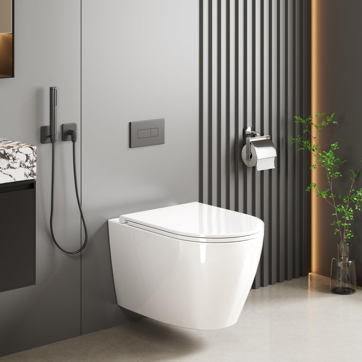 Hängend WC Spülrandlos Toilette, Wand-WC Set aus Keramik mit Toilettendeckel Abnehmbaren Absenkautomatik Effizienter Spültechnik Hängetoilette, D-Form,Lang 51cm, Weiß