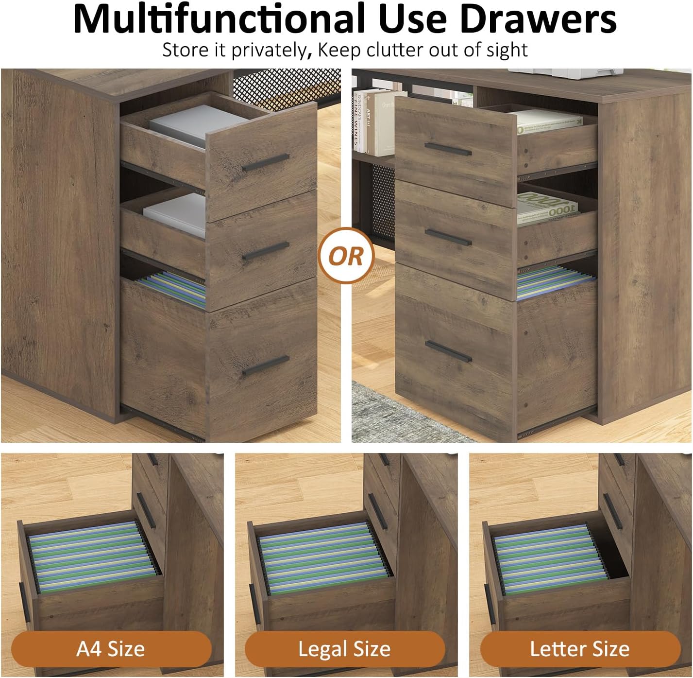 HSH - Black L Shape Corner Desk with Filing Drawers and Shelves, Reversible Corner Desk Made of Metal and Wood with Storage Cabinets