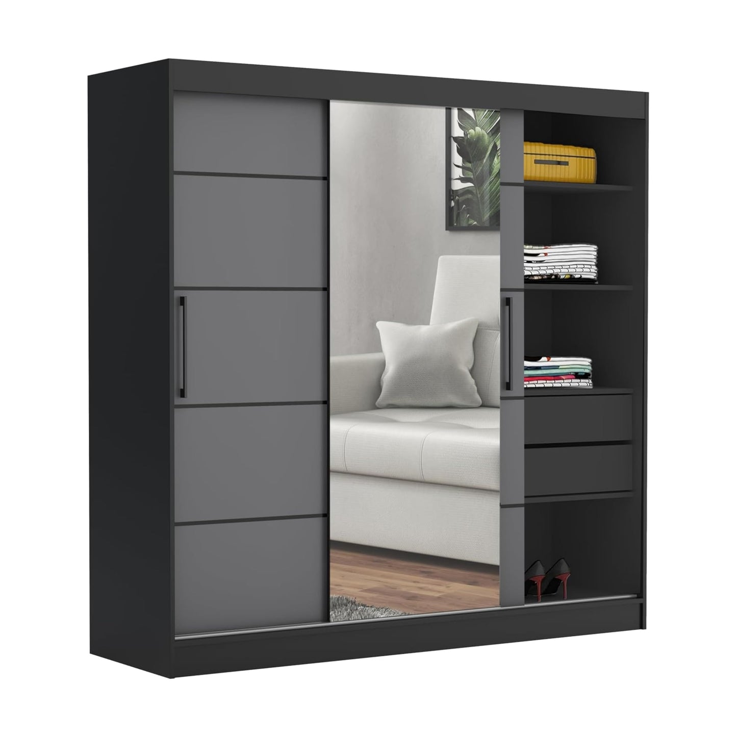 Brent - Kleiderschrank mit Spiegel und Schubladen 200cm Breit Chelsea Tomy, Schwebetürenschrank mit Spiegel, Schlafzimmerschrank, Kleiderschrank Schwarz/Wotan Eiche