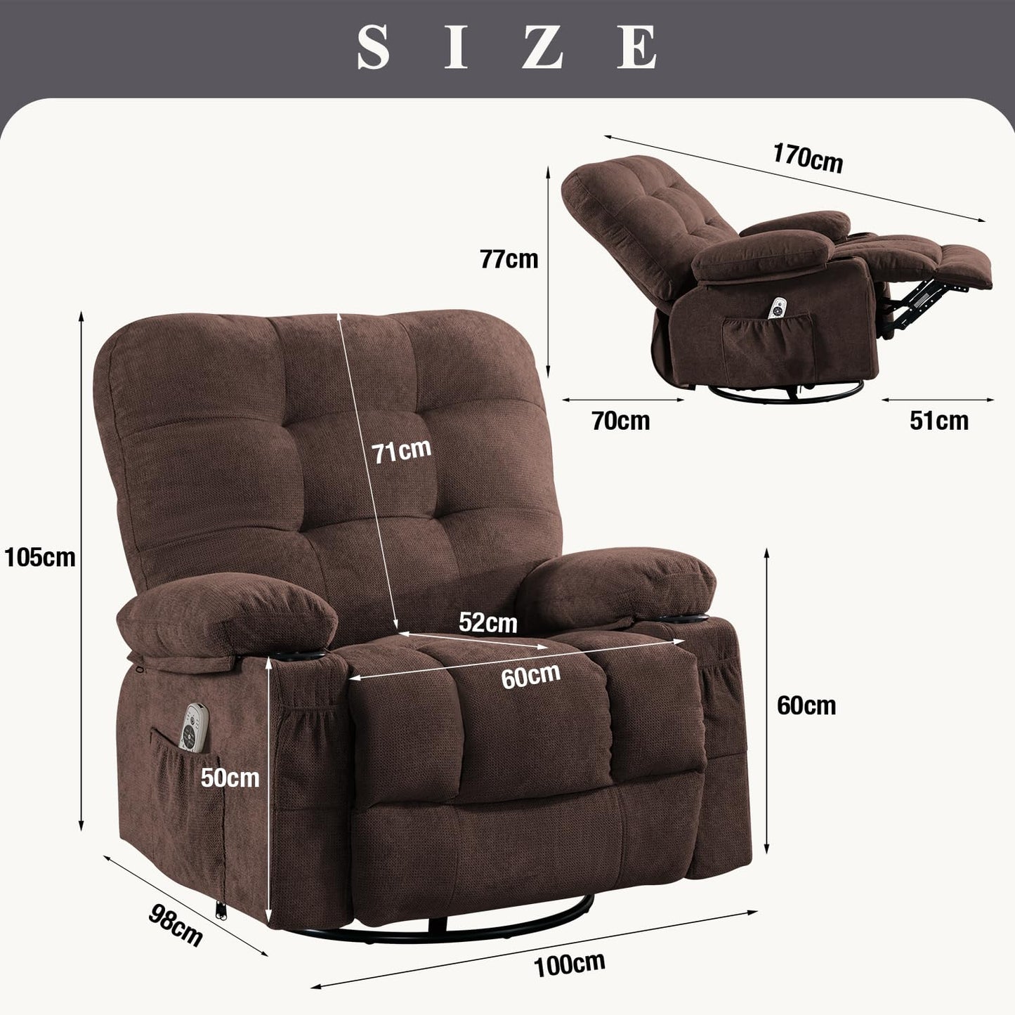 Bosmiller Relaxsessel mit Liegefunktion Massagesessel Oversize Fernsehsessel 360°Drehbarer Liegesessel Heizung Verstellbar Sessel Stoff