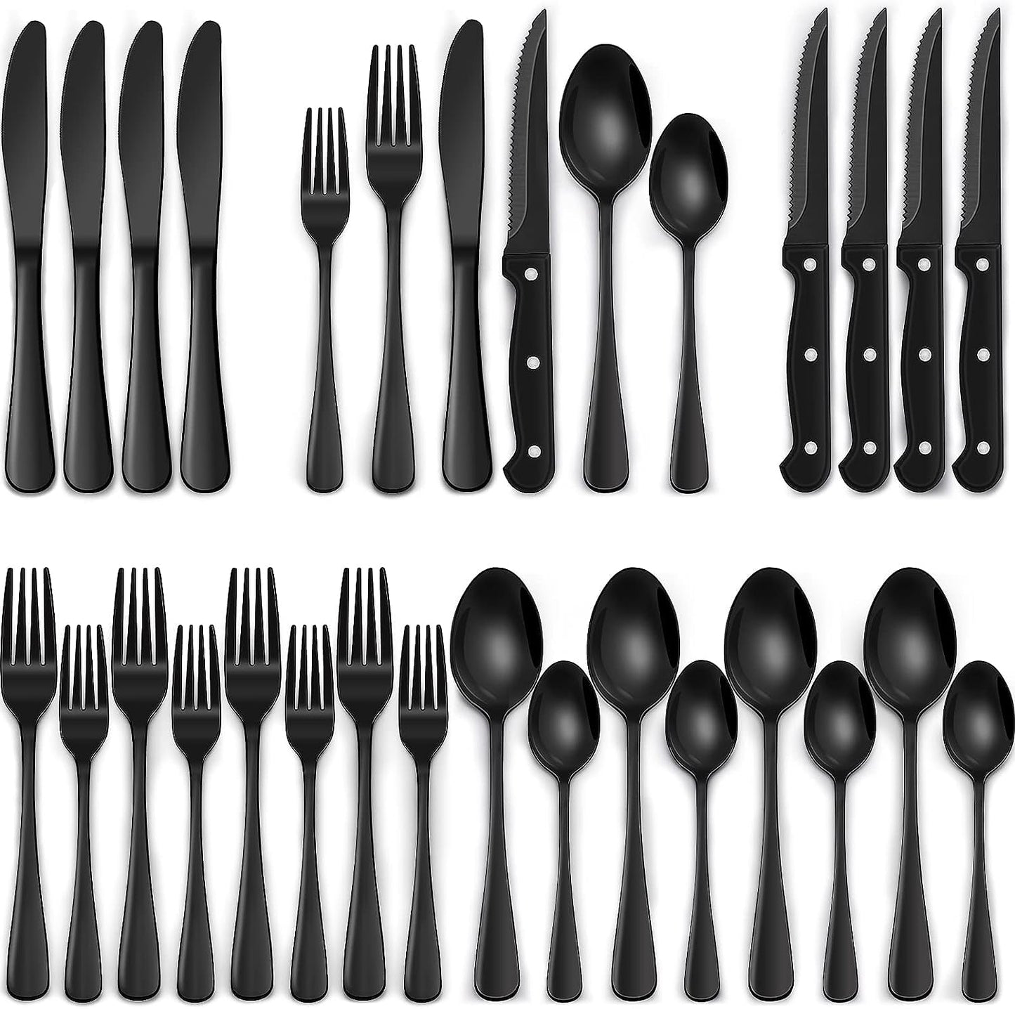 Terlulu 36-Piece Stainless Steel Cutlery Set with Steak Knife Black, Cutlery Set for 6 People, Elegant Cutlery Set with Knife, Fork, Spoon, Cutlery for Home/Party/Restaurant, Dishwasher Safe