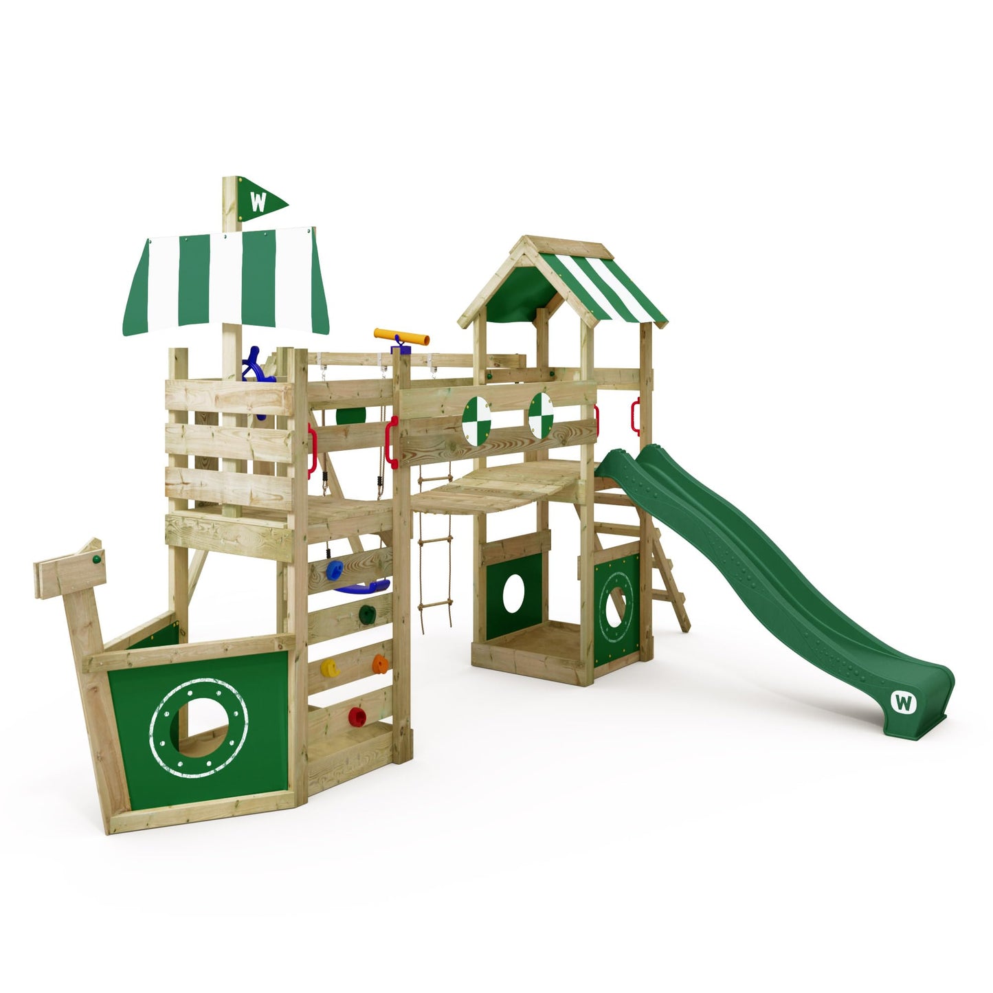 WICKEY Spielturm Klettergerüst StormFlyer mit Schaukel & roter Rutsche, Outdoor Kinder Kletterturm mit Sandkasten, Leiter & Spiel-Zubehör für den Garten