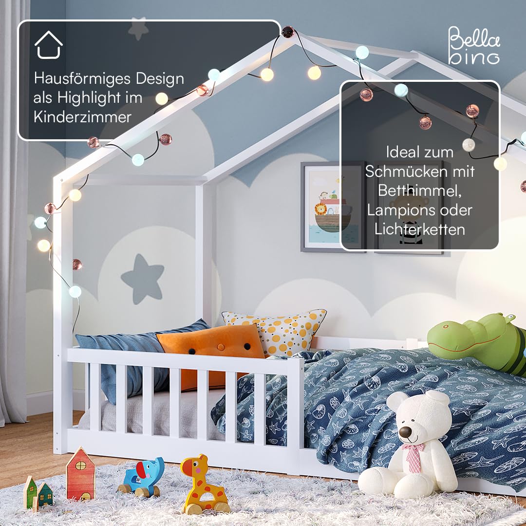 Bellabino Bia Children’s Bed, 90 x 200 cm, Children’s House Bed incl. Fall Protection and Rolled Slatted Frame, Montessori Floor Bed, White, Solid Pine Wood