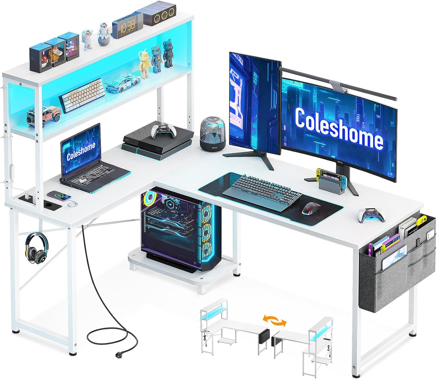 Coleshome Gaming Tisch L Form mit LED & Steckdosen, 135 × 100 cm Reversibel Gaming Schreibtisch mit Ablageregalen, Eckschreibtisch mit Aufbewahrungstasche für Homeoffice und Gaming, Schwarz