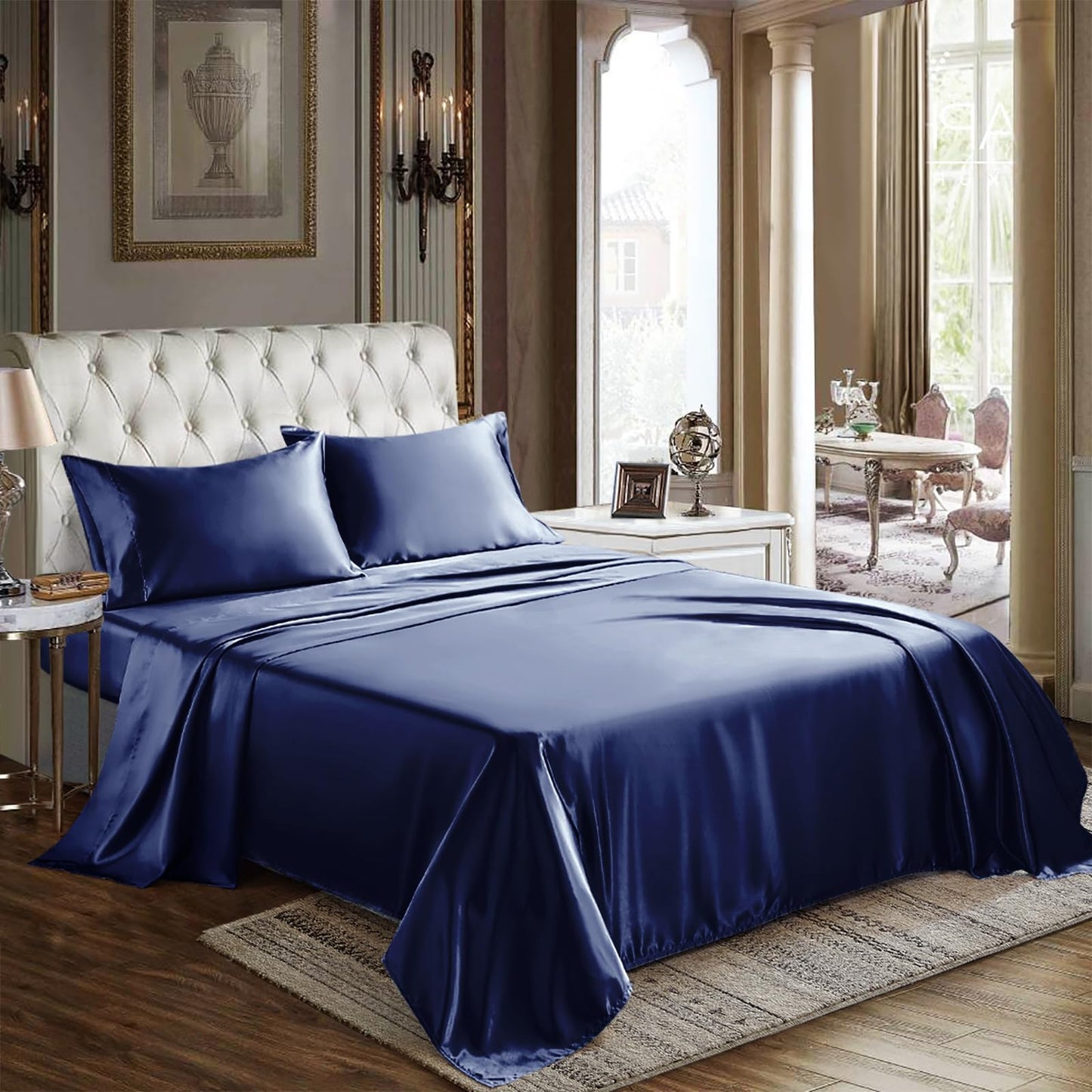 CozyLux Satin Sheets Queen Size - 4 Piece Black Bed Sheet Set with Silky Microfiber, 1 Deep Pocket Fitted Sheet, 1 Flat Sheet, and 2 Pillowcases - Smooth and Soft