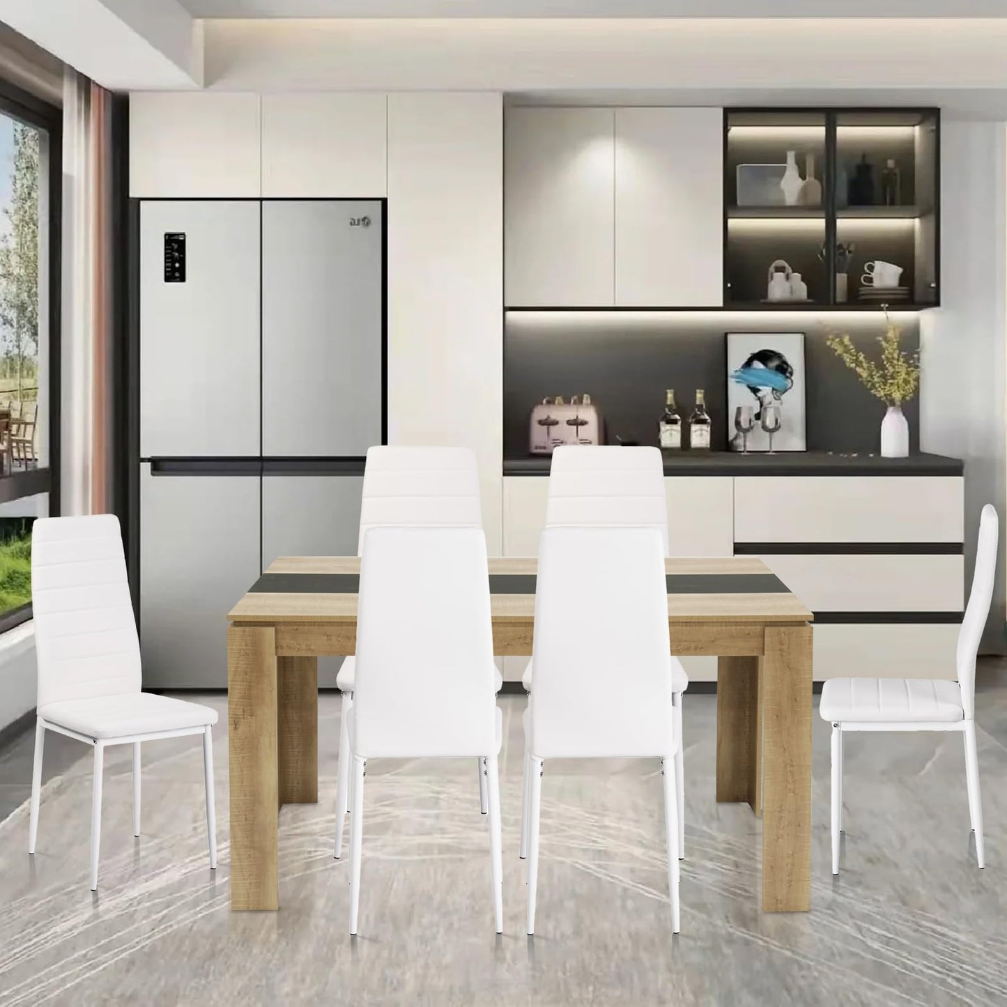 FURNITABLE Esstisch mit 6 Stühlen Esszimmergruppe, Essgruppe mit Hochlehner Kunstleder Stuhl für 6 Personen, Sitzgruppe für Küche Wohnzimmer(160cm Eiche-Weiß Tischbein Tisch+6 Schwarz Stühle)
