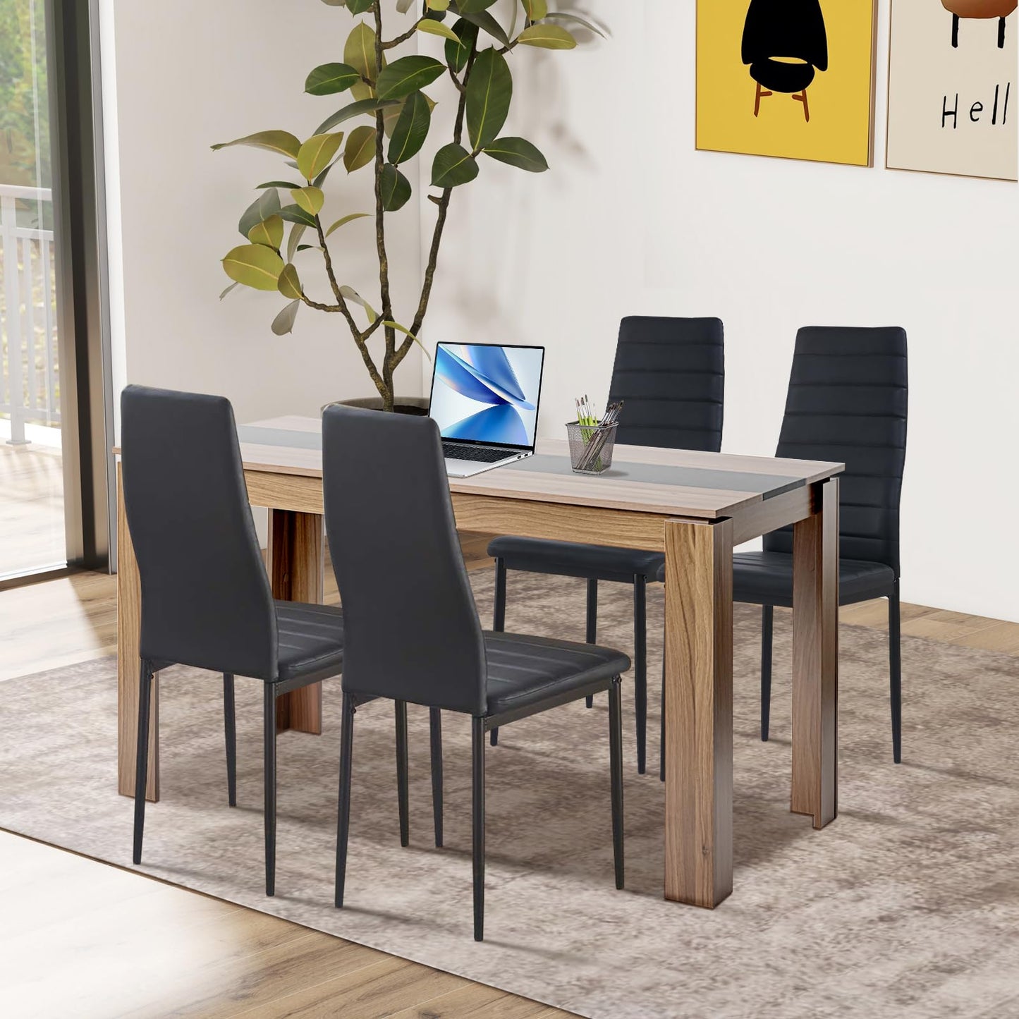 FURNITABLE Esstisch mit 6 Stühlen Esszimmergruppe, Essgruppe mit Hochlehner Kunstleder Stuhl für 6 Personen, Sitzgruppe für Küche Wohnzimmer(160cm Eiche-Weiß Tischbein Tisch+6 Schwarz Stühle)
