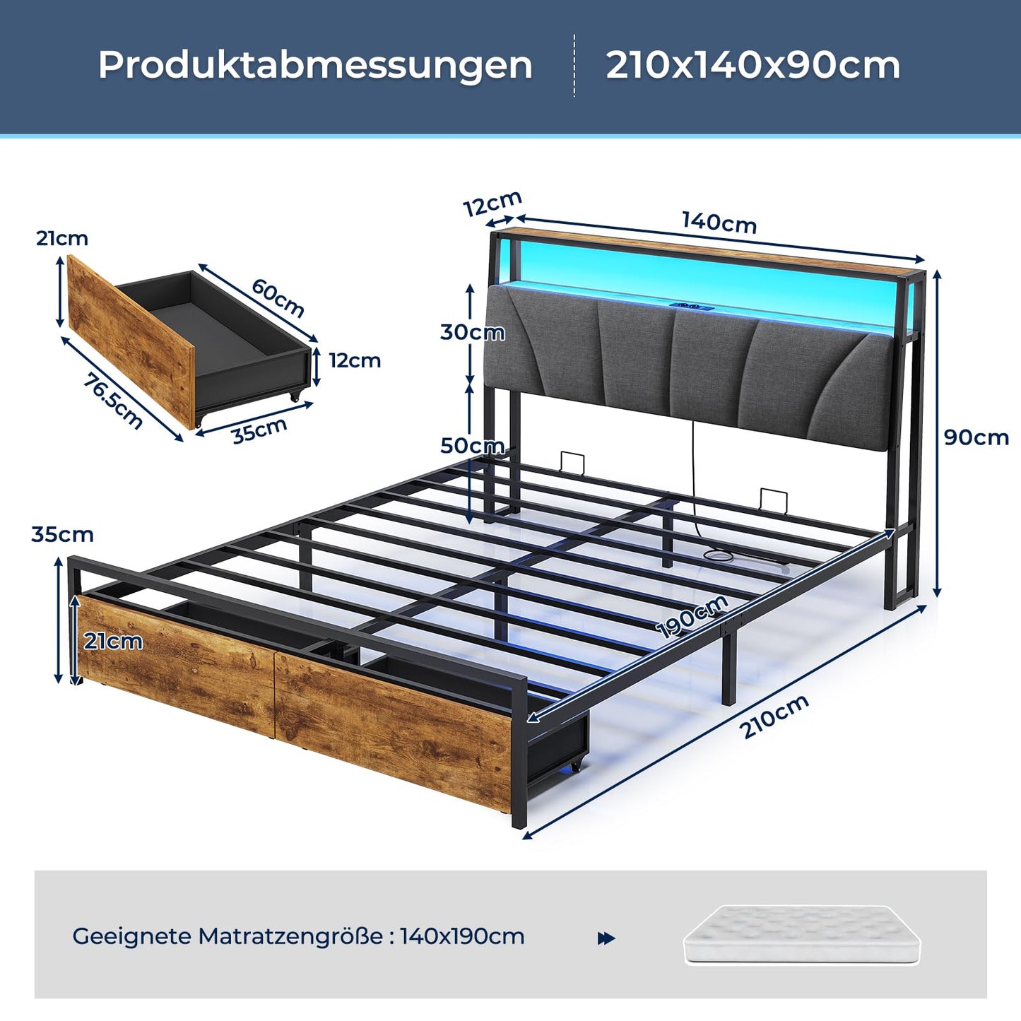 Brinlawb Bed 140 x 200 cm with Metal Slatted Frame, Bed Frame 140 x 200 cm with LED Lighting and Charging Station (2 AC Sockets & 2 USB Ports), Double Bed with 2 Large Drawers, Grey