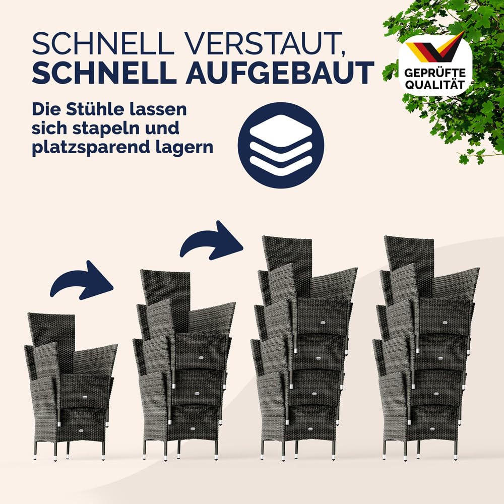 Casaria® Gartenmöbel Set 8 Personen Stühle inkl. 7cm Polster & Abdeckung Tisch 190x90cm 160kg Belastbar Wetterfest Polyrattan Stapelbar Terrasse Möbel Grau