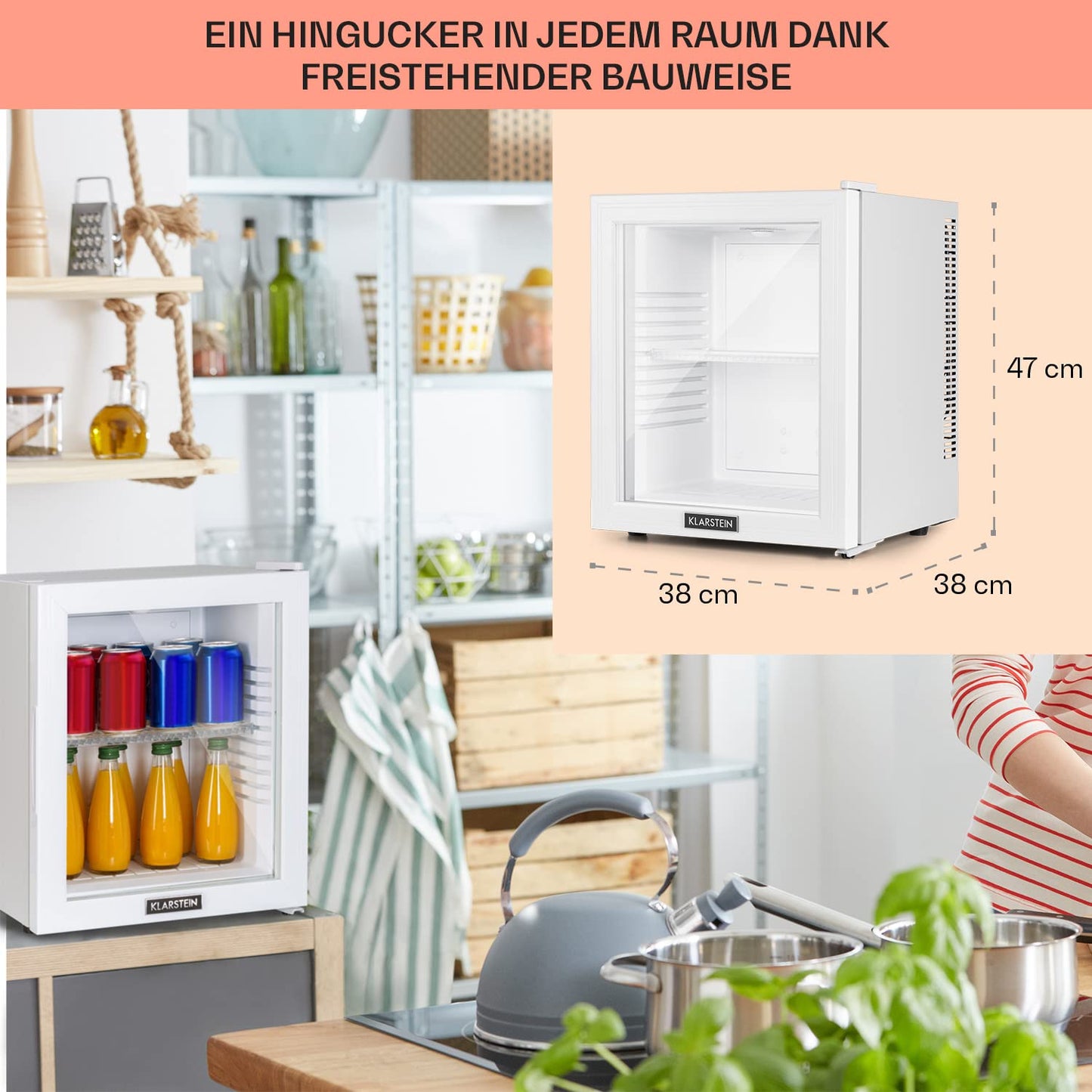 Klarstein Kühlschrank, Mini Kühlschrank mit Glastüre, Mini-Kühlschrank für Getränke, Snacks & Kosmetik, Kühlschrank Klein & Leise, Verstellbare Ablagen, Kleiner Skincare Kühlschrank 12-18°C, 23L