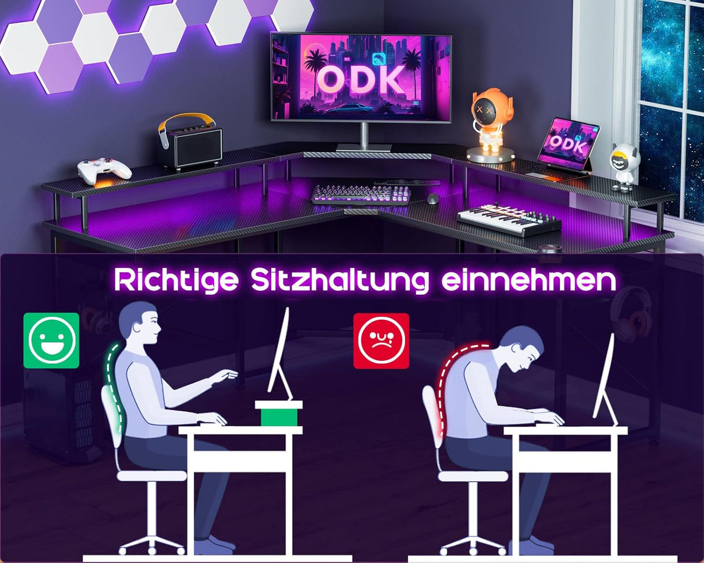 ODK Gaming Tisch mit LED, Gaming Schreibtisch mit 2 Steckdosen und 2 USB Ladeanschluss, PC Tisch Gaming mit großzügiger Monitorablage, Gamer Schreibtisch in Kohlefaser Weiß, 129x129 cm
