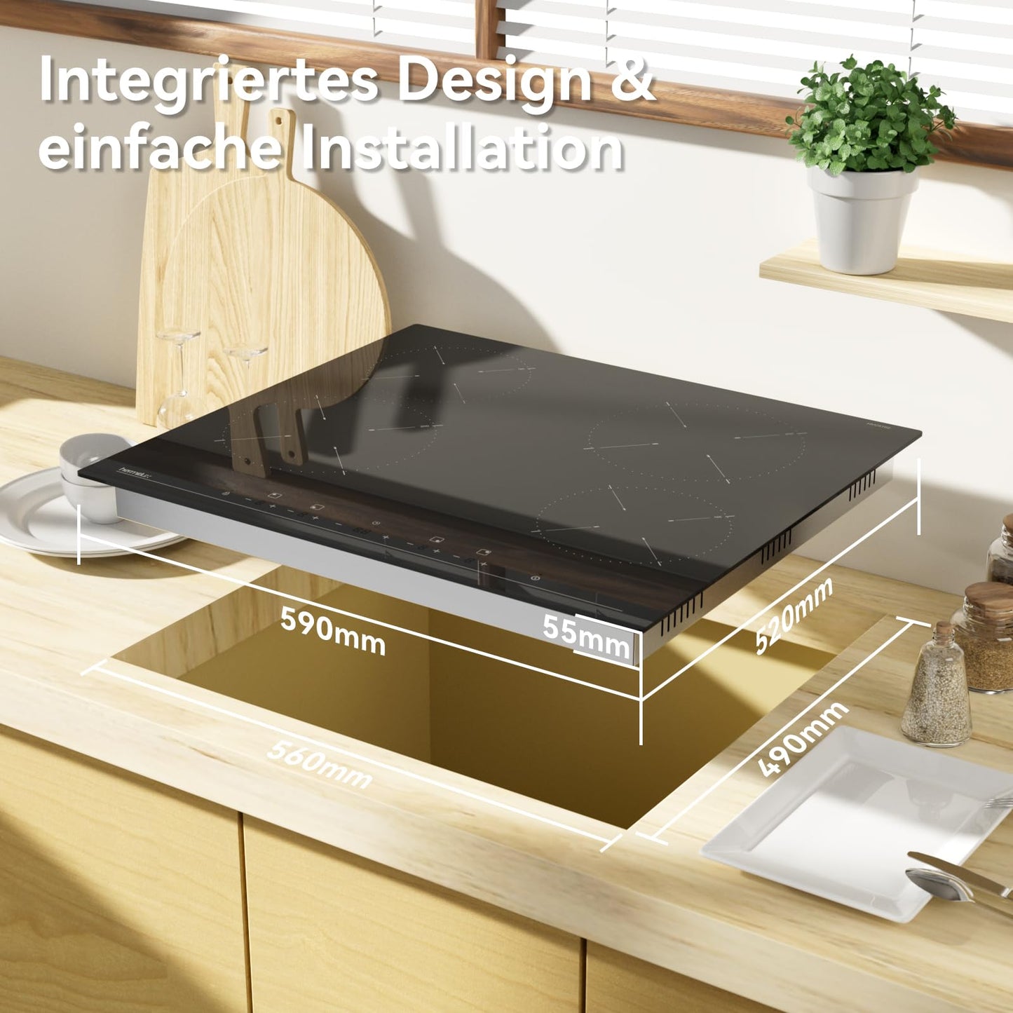Hermitlux kochfeld 28,8cm, Glaskeramik Kochfeld 2 Platten, 9 Leistungsstufen, Touch-Steuerung, Timer, Kindersicherung, Geeignet für Alle Töpfe, 3300W