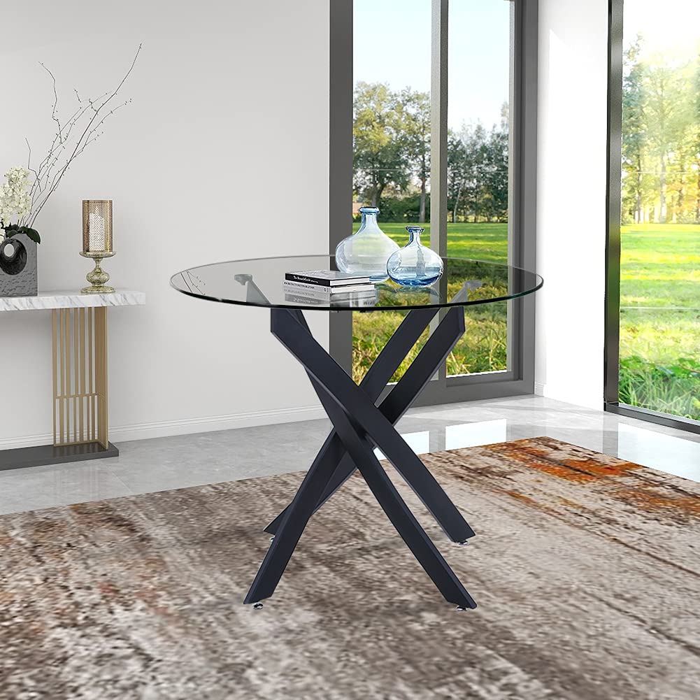 GOLDFAN Esstisch Rund Glas Moderner Küchentisch 80cm Runder Glas Esszimmertische mit Metallbeinen für Esszimmer Wohnzimmer Küche, Schwarz