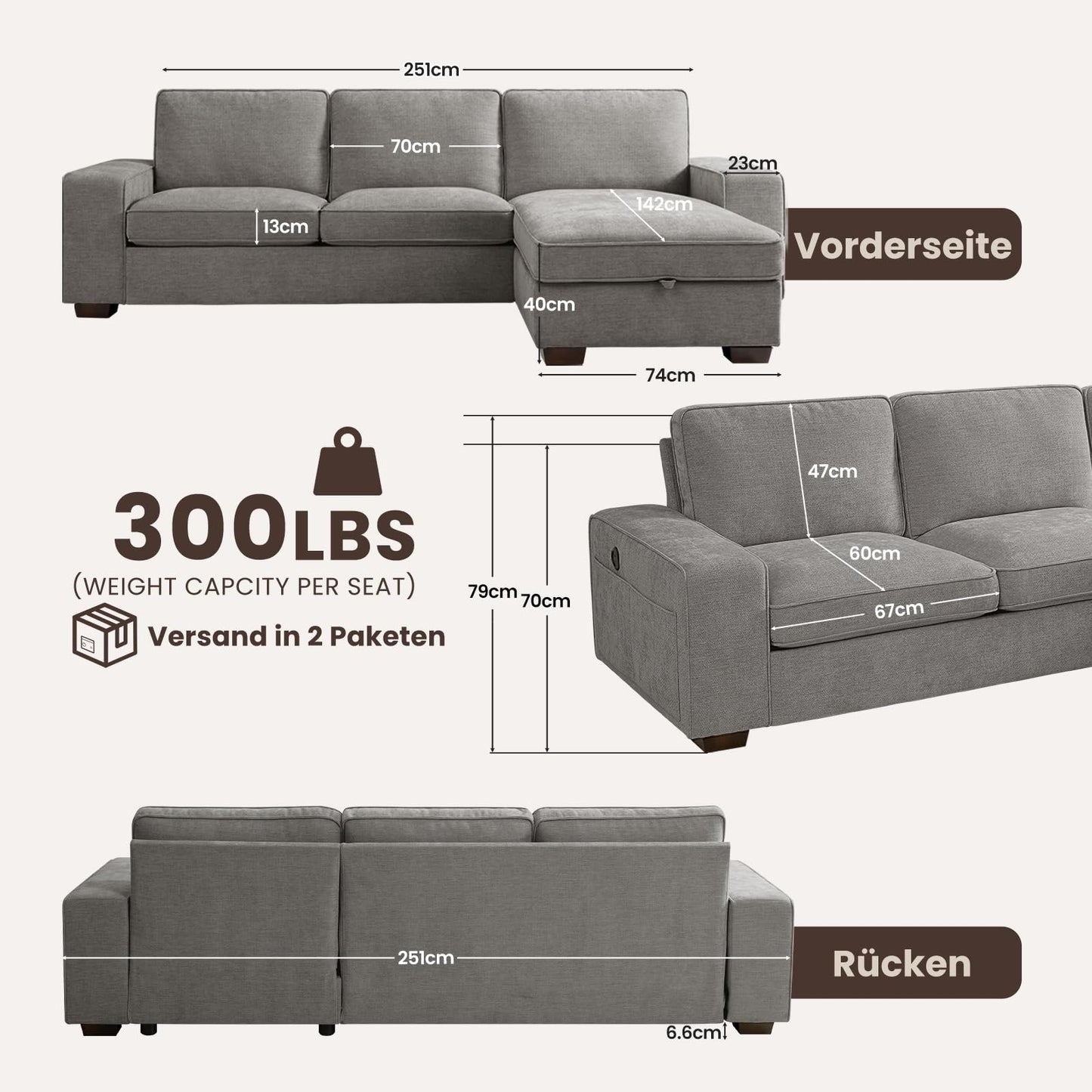 DUANDUAN 250CM Convertible Sektionssofa Couch mit Chaise Lagerung, Moderne L-förmige Reversible Design, Bequeme Chenille Stoff, abnehmbare Kissenbezüge USB Typ-C Ports Wohnzimmer(Beige)
