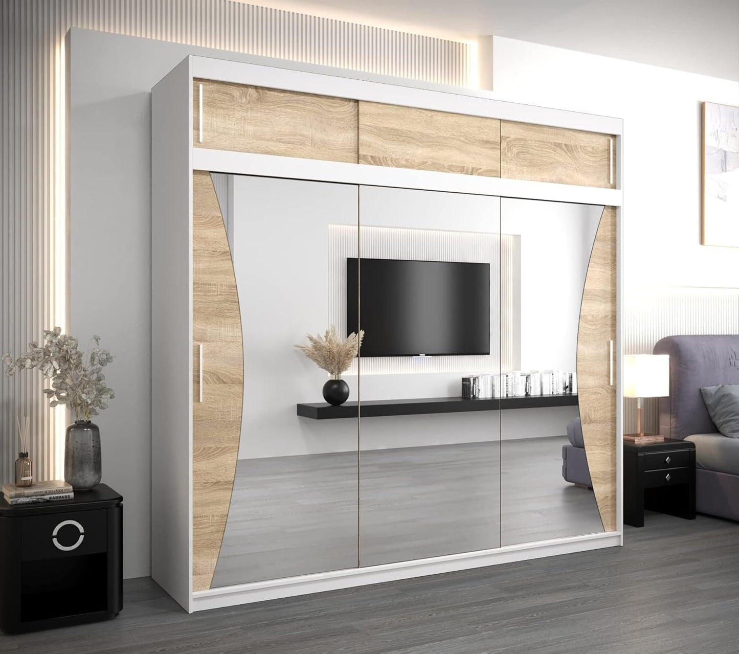 MEBLE KRYSPOL Kleiderschrank mit Spiegel Monaco - Garderobenschrank - Schrank Schlafzimmer - Mehrzweckschrank DREI Schiebetüren - Regalen - Flur Möbel - Kleiderstange Schrank - Allzweckschrank