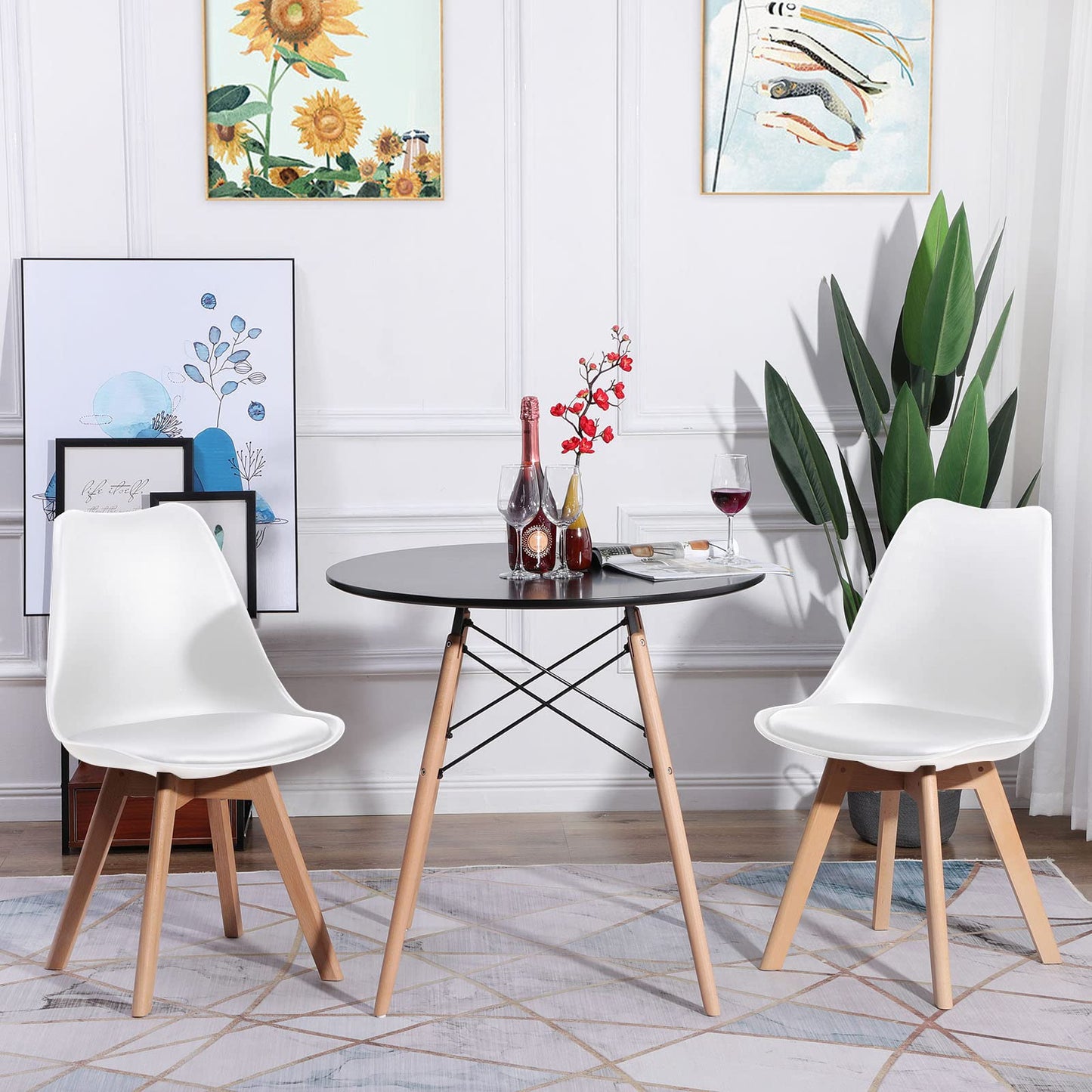 FURNITABLE Round Dining Room Table with 4 White Chairs Dining Room Set for Dining Room Kitchen Living Room