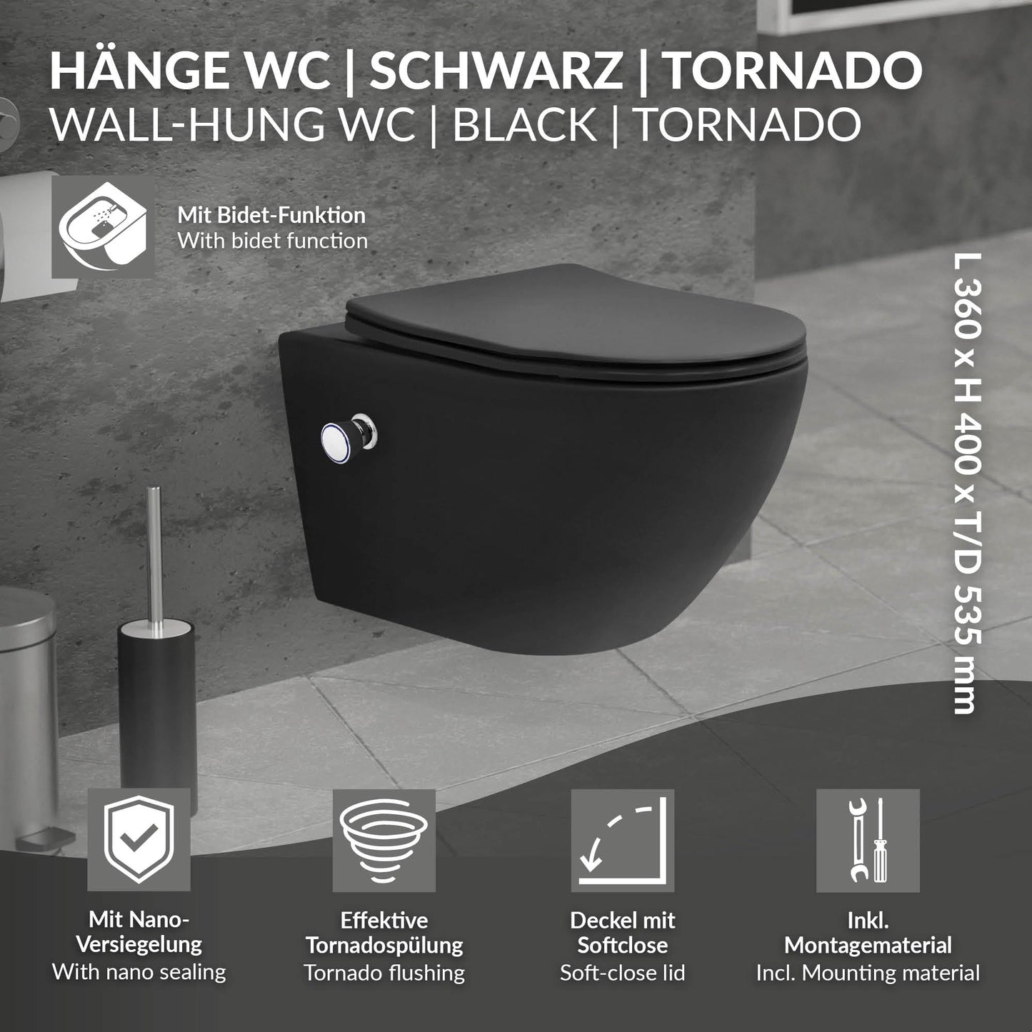 LuxeBath Wall-Mounted Toilet Rimless with Bidet Function, White, Deep Washdown Ceramic Hanging Toilet, Long 53.5 cm, Shower Toilet Nano Coating, Tornado Flush, Shiny Toilet Bowl Hanging with Toilet