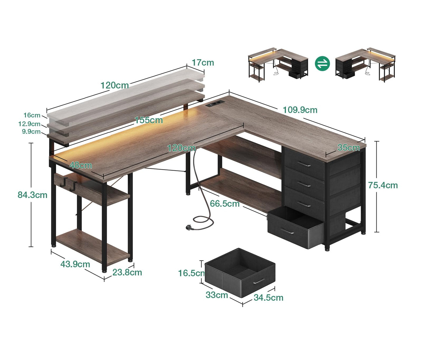 ODK Schreibtisch mit Schubladen, Reversible Eckschreibtisch mit 2 Steckdosen und 2 USB Ladeanschluss, Bürotisch L Form mit LED für Home Office 155×110cm (Alles Weiß)