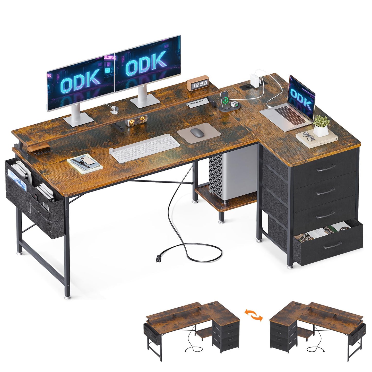 ODK Corner Desk with 4 Fabric Drawers, 140 x 80 cm, Desk L Shape Reversible with USB Charging Port and Socket, L Shaped Desk with Monitor Shelf for Home Office, White