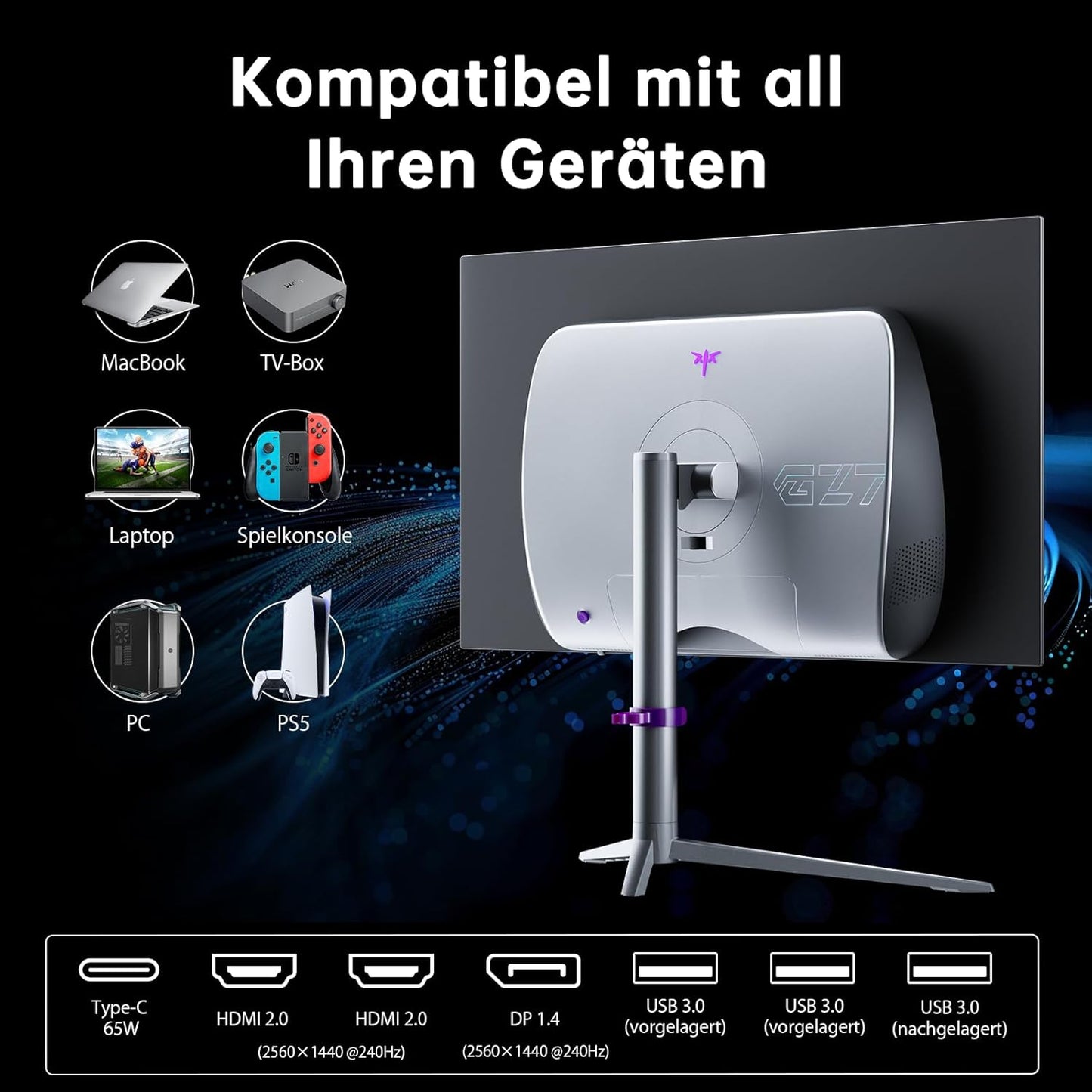 KTC 32 Zoll Monitor Curved 1000R, 2K WQHD (2560x1440p) 240Hz Gaming Monitor, 1ms, Adaptive Sync, 122% sRGB, 4000:1 Kontrast, 2 x DP 1.4 (240Hz), 2 x HDMI 2.0 (144Hz), Unterstützung von Tilt und VESA