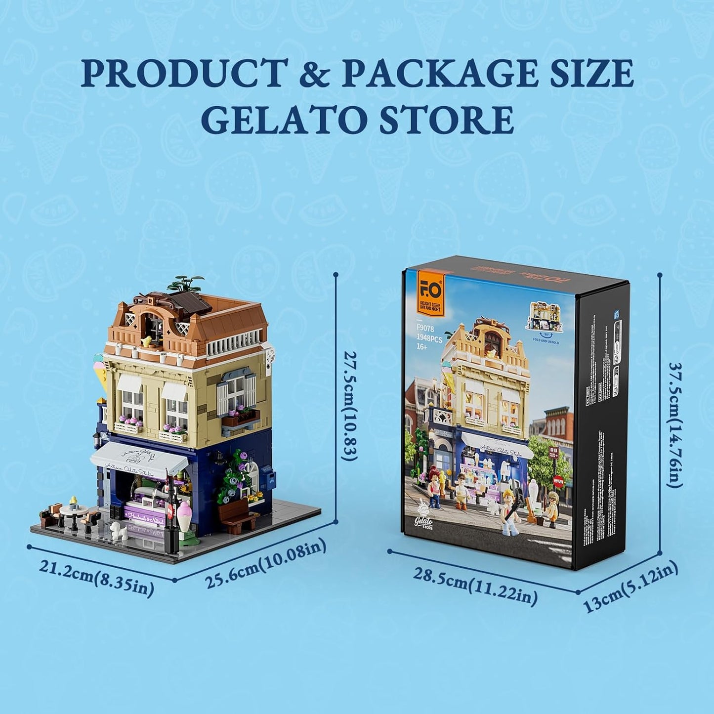 FUNWHOLE Stadtleben Eisdiele Klemmbausteine Haus,Modular Building mit Beleuchtung,F9078,Gelato Store