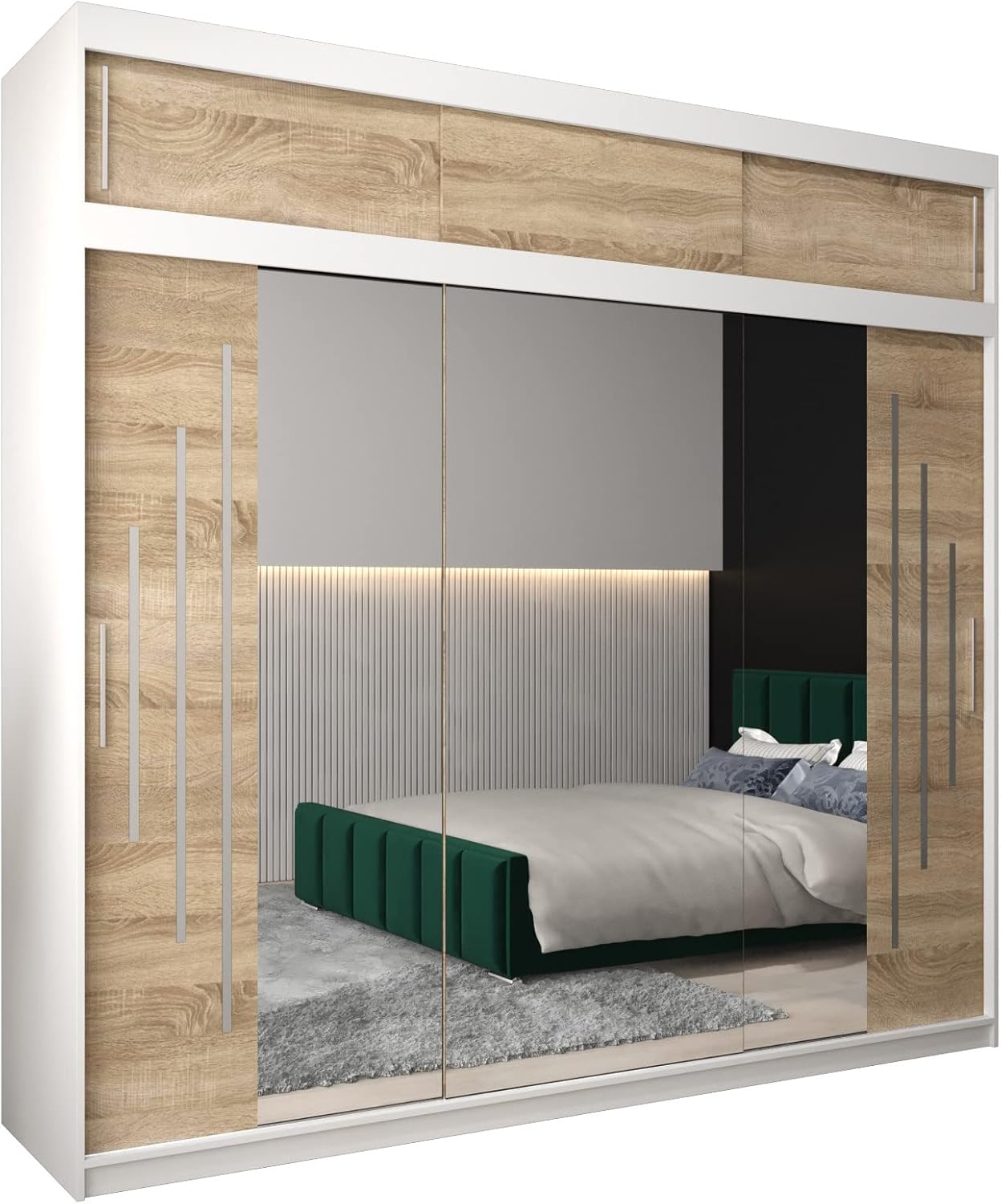 MEBLE KRYSPOL Kleiderschrank mit Spiegel York 2 - Garderobenschrank - Schrank Schlafzimmer - Mehrzweckschrank Zwei Schiebetüren - Regalen - Flur Möbel - Kleiderstange Schrank - Allzweckschrank