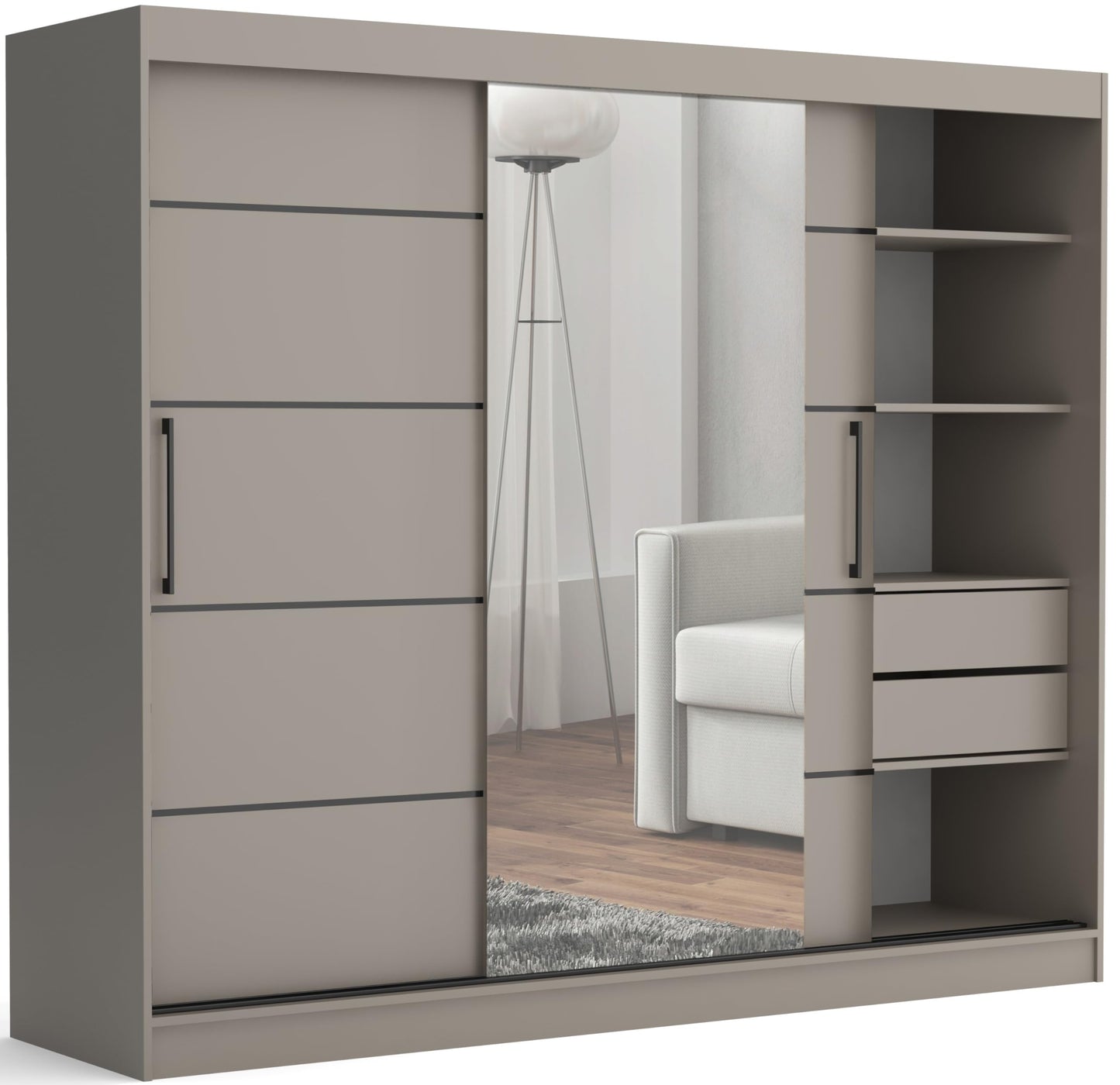 Brent - Kleiderschrank mit Spiegel und Schubladen 235cm Breit Chelsea Tomy, Schwebetürenschrank mit Spiegel, Schlafzimmerschrank, Kleiderschrank Schwarz